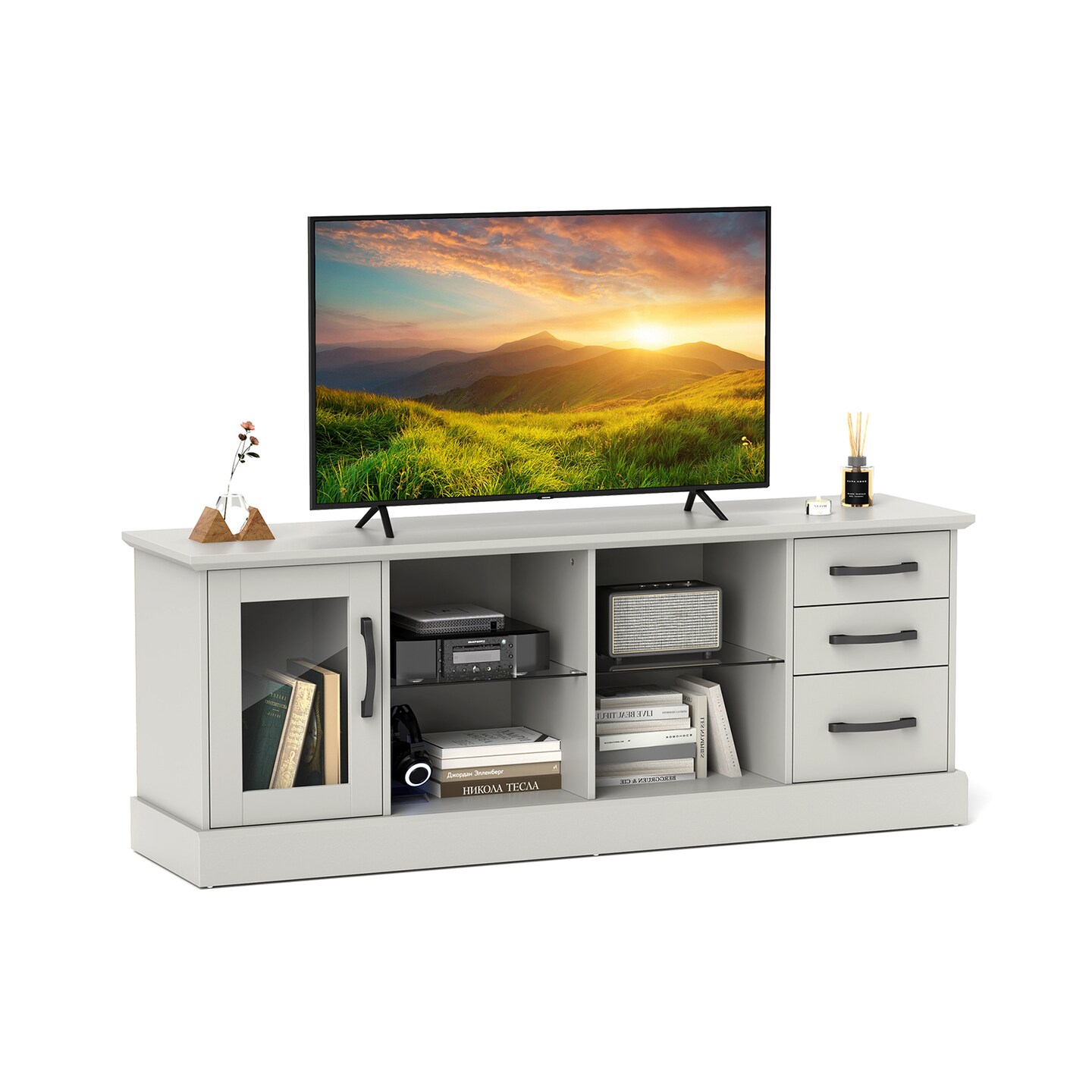 63 Inches Entertainment Center with 3 Storage Drawers and Removable Glass Shelves