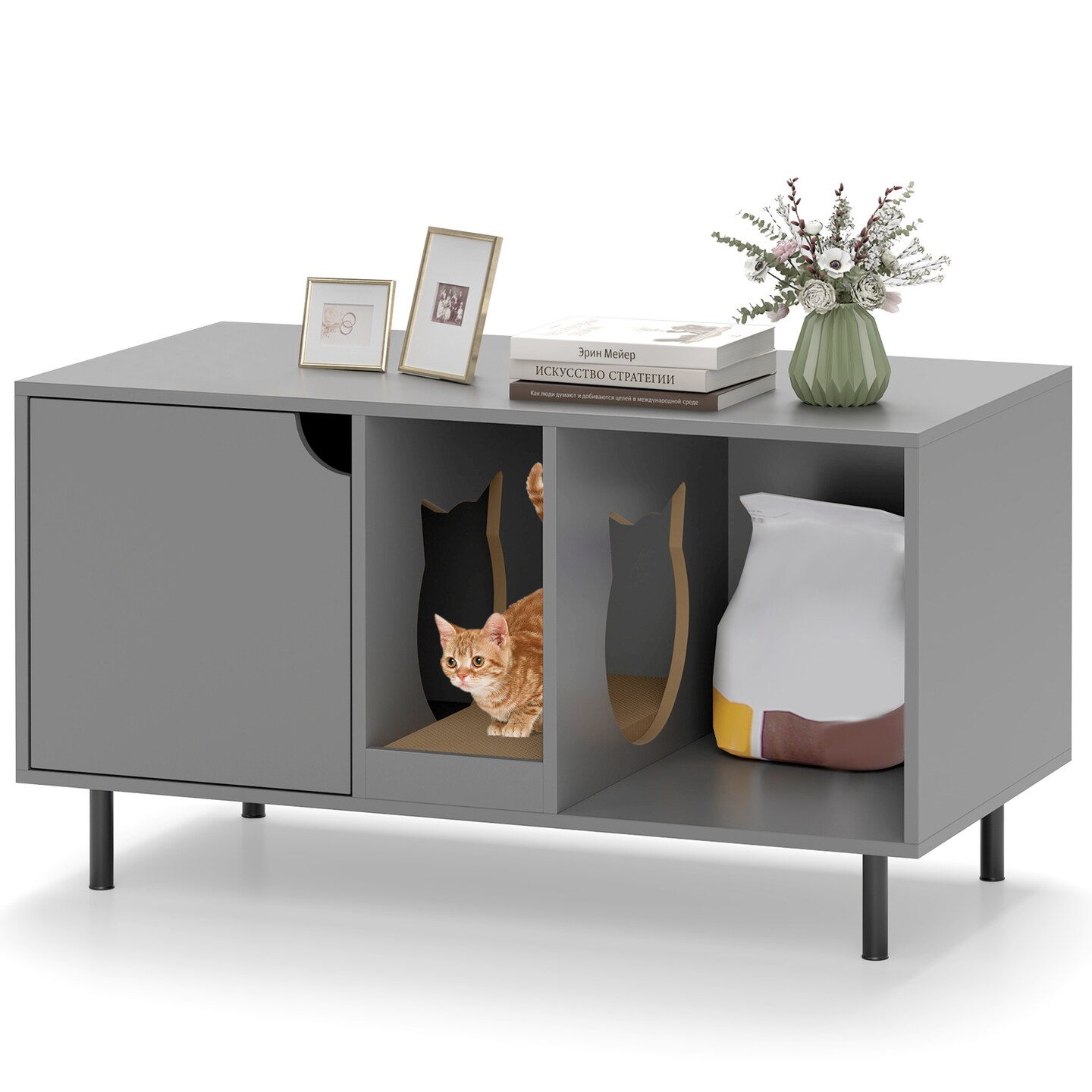 Engineered Wood Cat Litter Box Cabinet with Scratcher and Storage