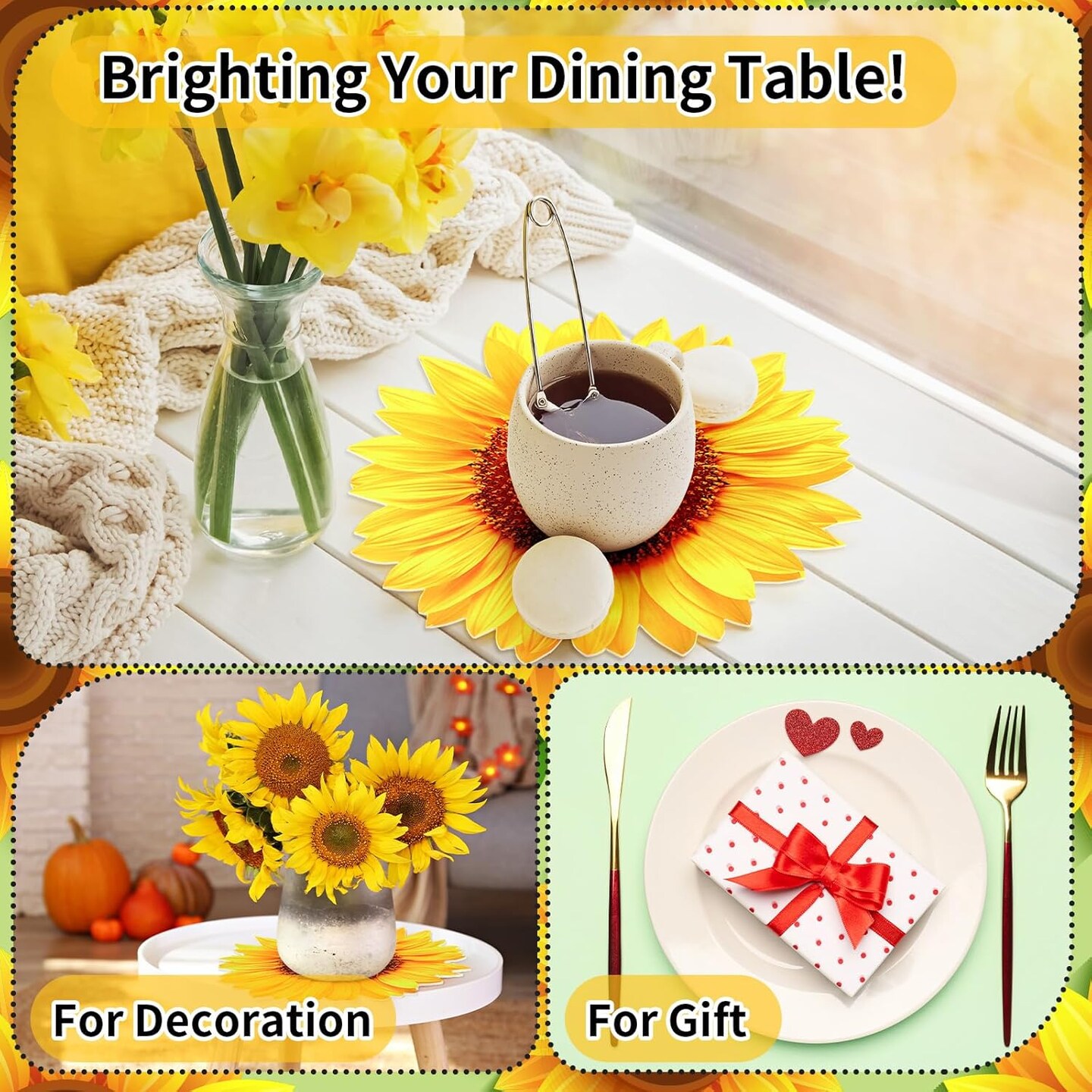 Leather Summer Sunflower Placemats Set of 6 Sunflower Shape Table Mat Washable Summer Floral Place Mats for Spring Tables Home Kitchen Dining Indoor Outdoor Party Gift Harvest Decoration