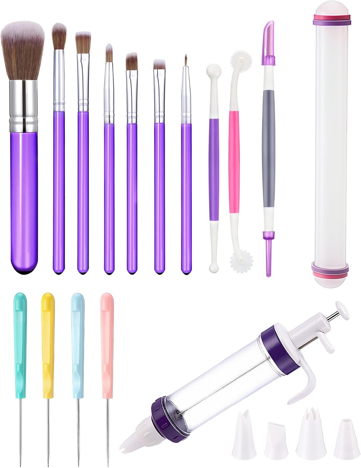 16 Pcs Cake Decorating Tool Set Include Dessert Decorating Syringe Cookie Decoration Brushes Sugar Stir Needle Scriber Fondant Paste Tool Rolling Pin for Cookie Cake Supplies