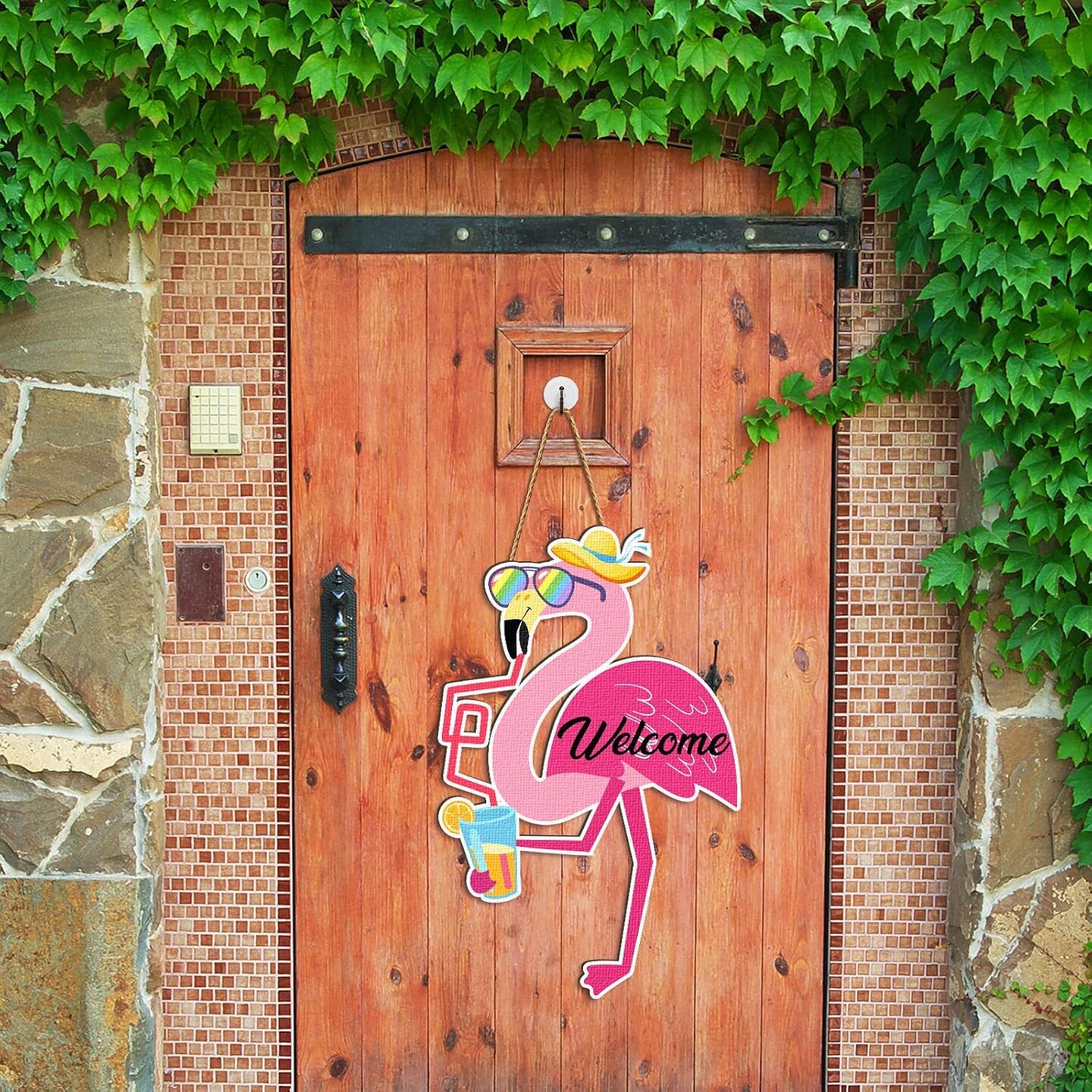 Flamingo Welcome Sign Wood Front Door Decor Summer Hanging Rustic Summer Decor