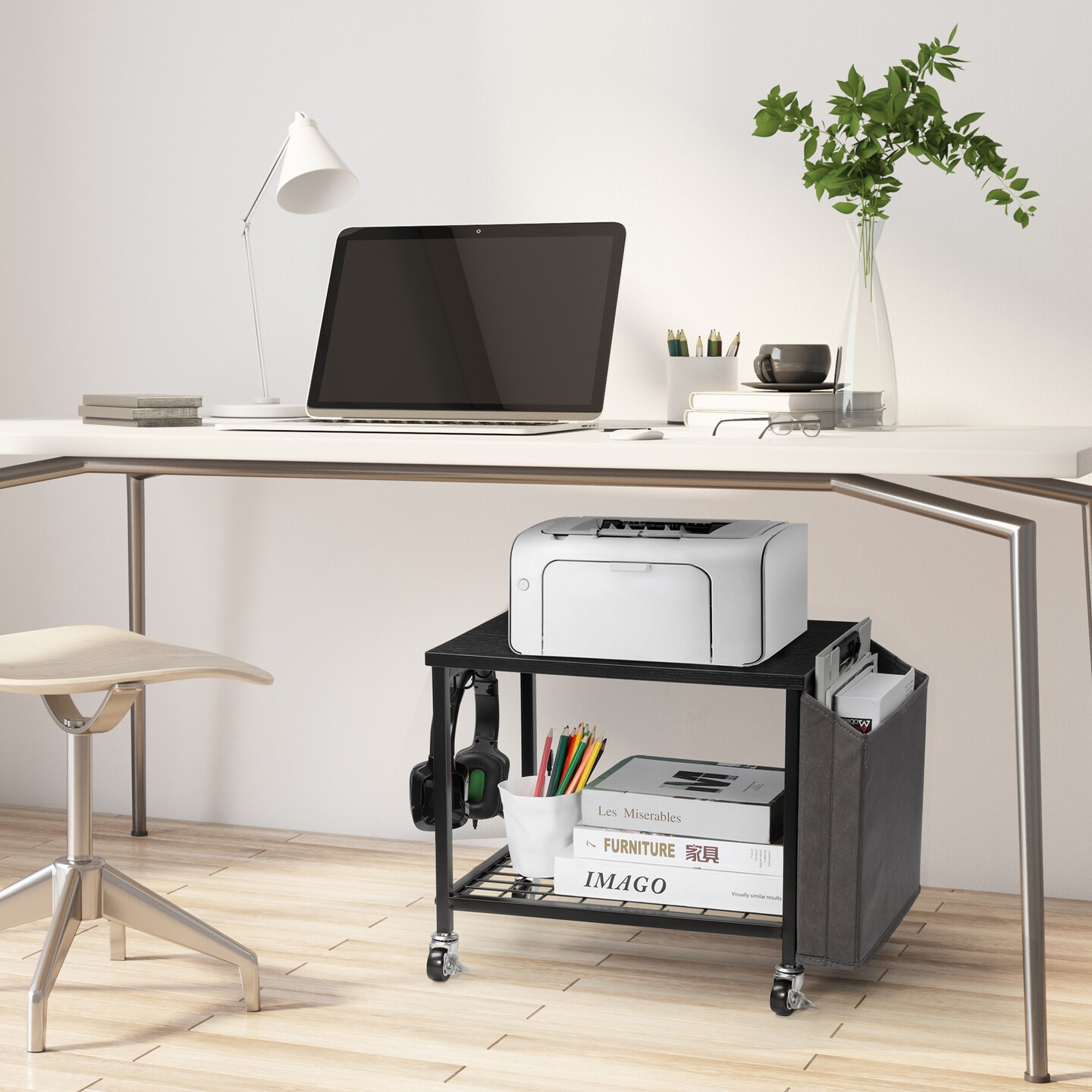 2-Tier Heavy-Duty Printer Stand with Storage Bag &#x26; Wheels &#x2013; Under Desk/Desktop Organizer for Fax, Scanner, Books (100LB Capacity, Steel &#x26; Wood)