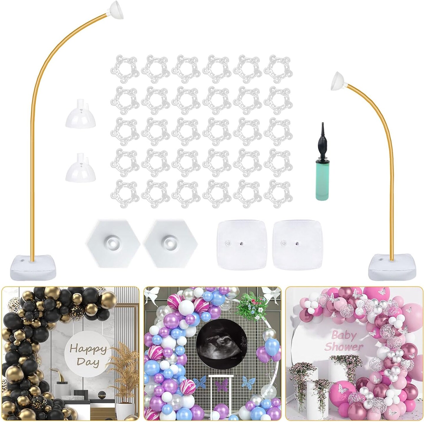 Gold Balloon Arch Stand Kit, 9.3ft &#x26; 6ft Free Bending Soft Balloon Flower Backdrop Stands Set with Water Base