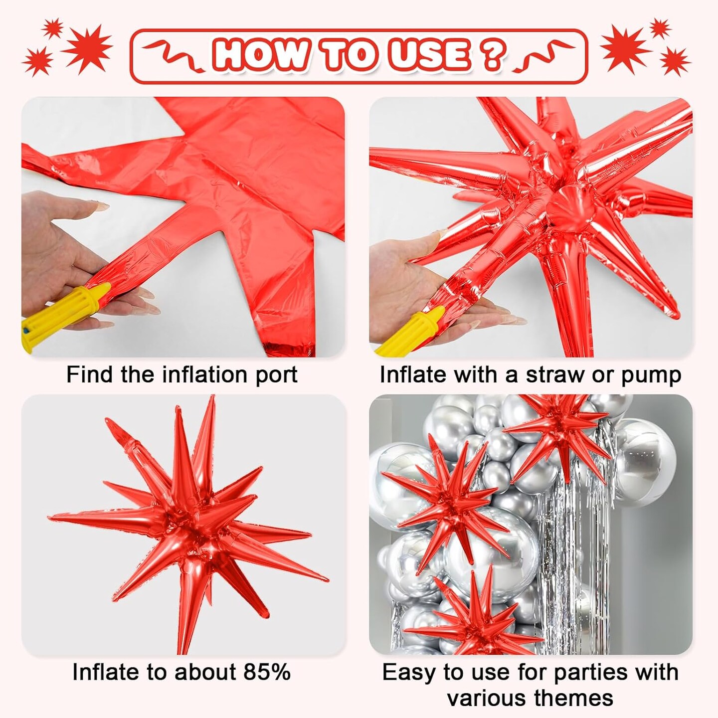 Red Blue Silver Star Balloons,9Pcs Red Blue White Explosion Star Foil Balloons,22Inch Spike Cone Star Helium Mylar Balloons for Birthday Anniversary Baby Shower 4th of July Disco Party Decorations