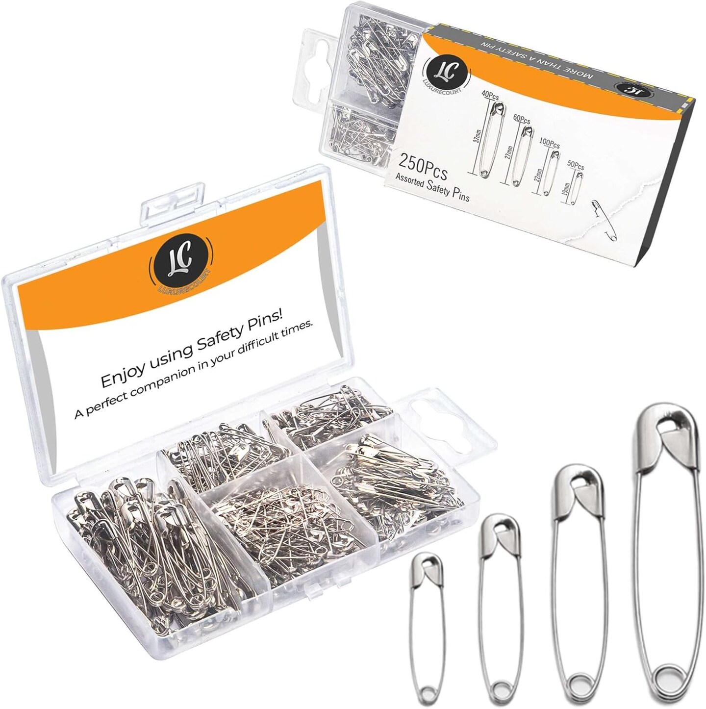 250PCS Safety Pins – 4 Assorted Sizes, Rust-Resistant Nickel Plated Steel for Sewing & Crafts