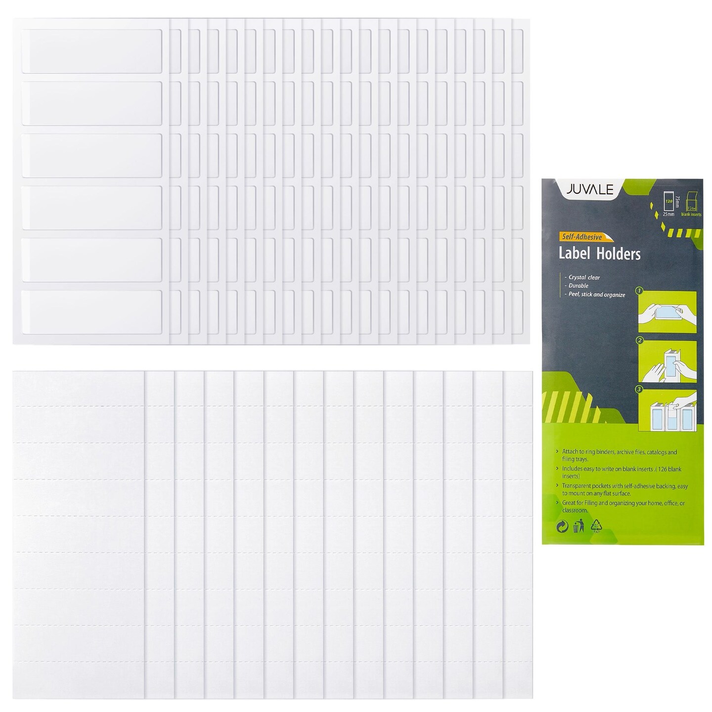 120 Pack Clear 3-Ring Binder Spine Label Holder Stickers with 126 Blank White Inserts, Self-Adhesive Pocket Sleeves for Small Business, Office Supplies (1x3 In)