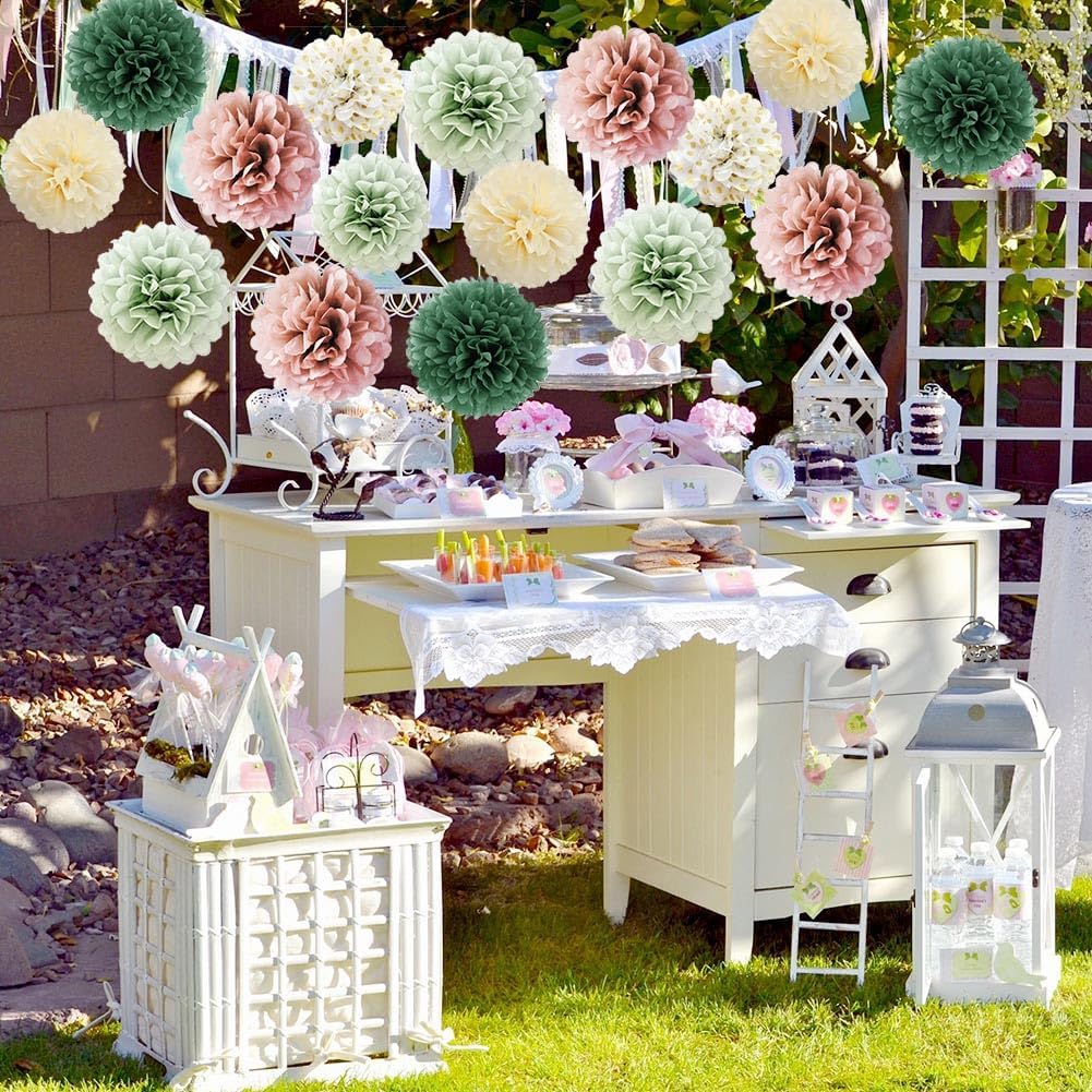 16pcs Dusty Rose Olive Sage Green Tissue Paper Pom Poms Ceiling Decors Flowers Sage Green Dusty Pink Party Decorations for Bridal Shower Baby Shower Rustic Wedding Birthday Engagement Party Decorations