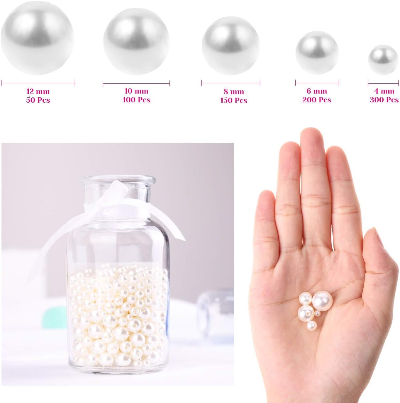 800pcs Ivory Pearl Craft Beads Loose Pearls for Jewelry Making, Crafts, Decoration and Vase Filler (Assorted Sizes)