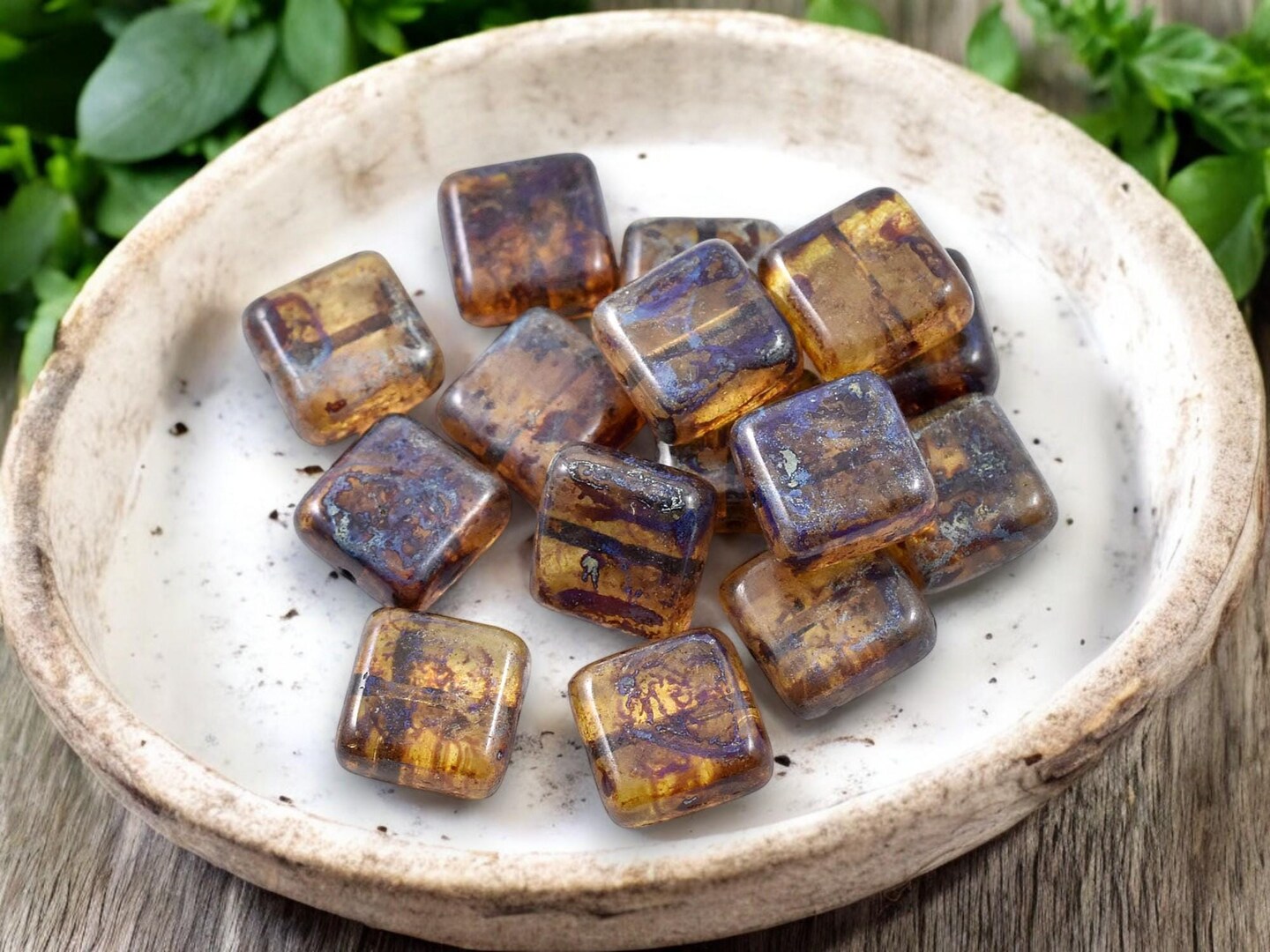 *15* 10mm Crystal Amber Picasso Square Beads