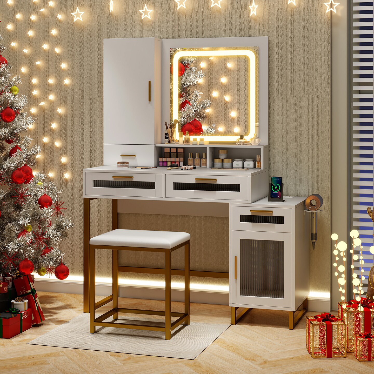White & Gold Vanity Set with LED Mirror, Charging & Jewelry Cabinet