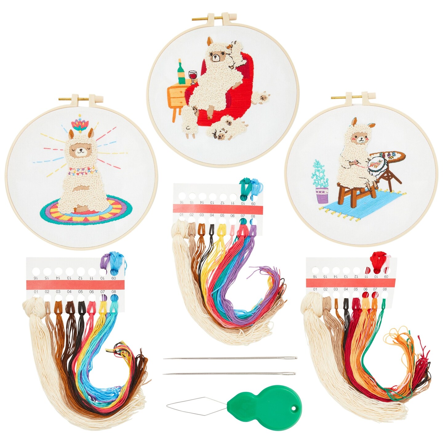 21 Piece Llama Embroidery Starter Kit for Beginners, Includes Yarn, Patterns, Hoops, and Needles (3 Designs)