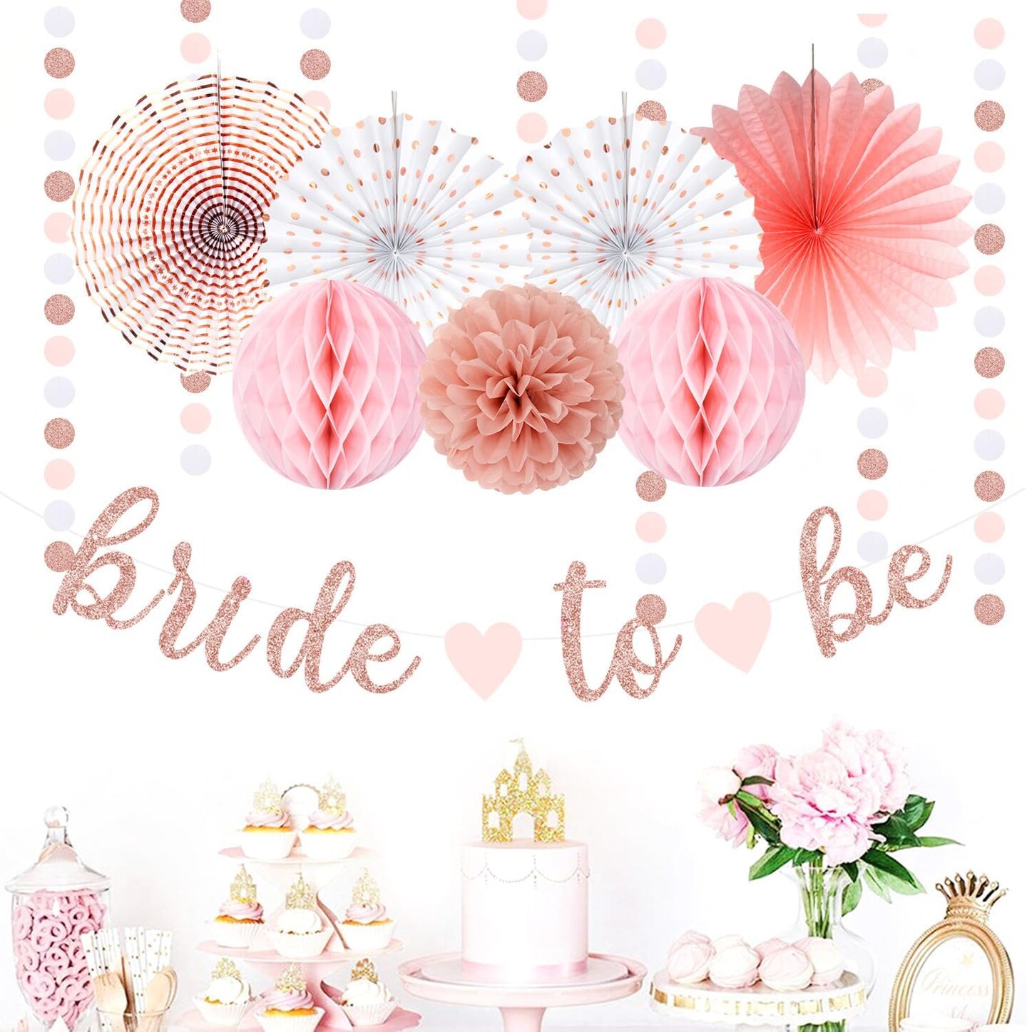 Light-Pink Rose-Gold Bachelorette Party-Decorations - 21pcs Baby Bridal Shower Banner Garland, Bride To Be Paper Streamers Lanterns,flower Tissue Pom Poms Fan Supplies,Wedding Backdrop Decor