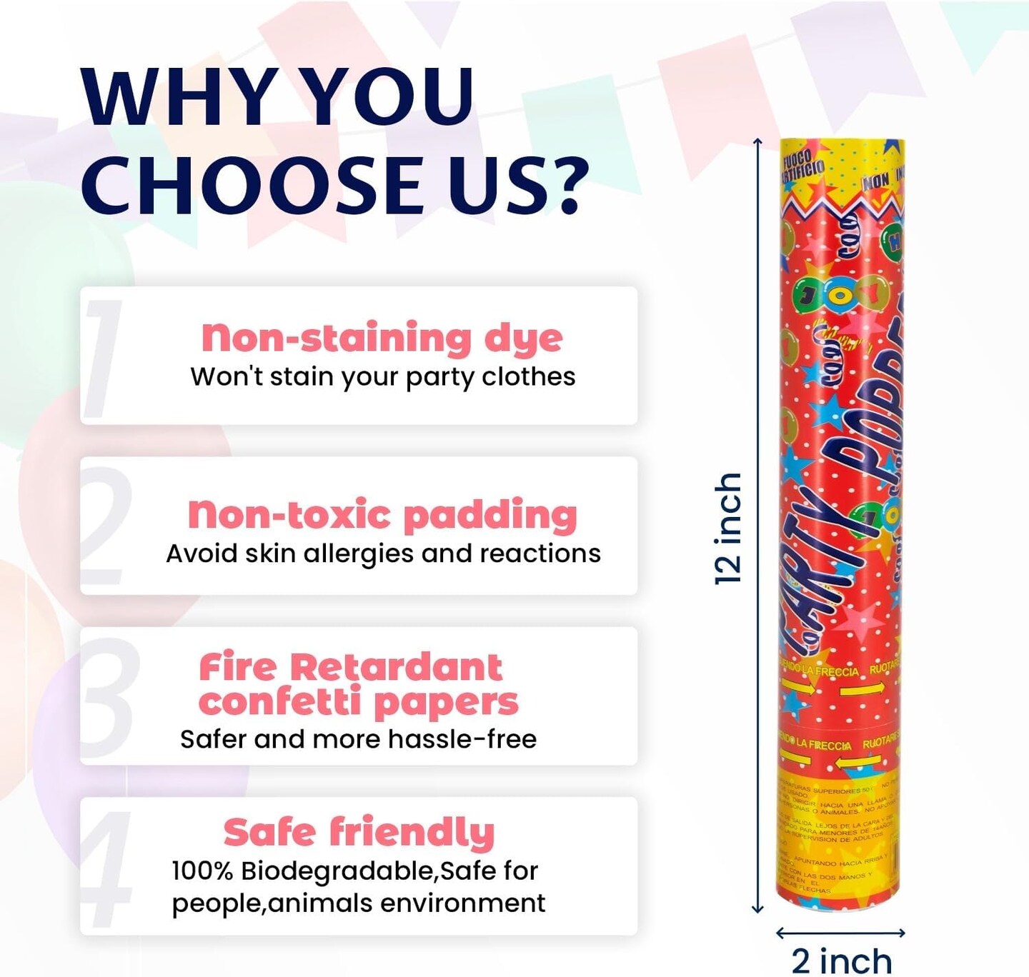 12Pack Confetti Cannon Multicolor Party Confetti Shooters Biodegradable Confetti Poppers 12Inch Party Poppers Cannon Launches 15-20ft for Graduation Birthday Wedding New Years Celebration Decorations