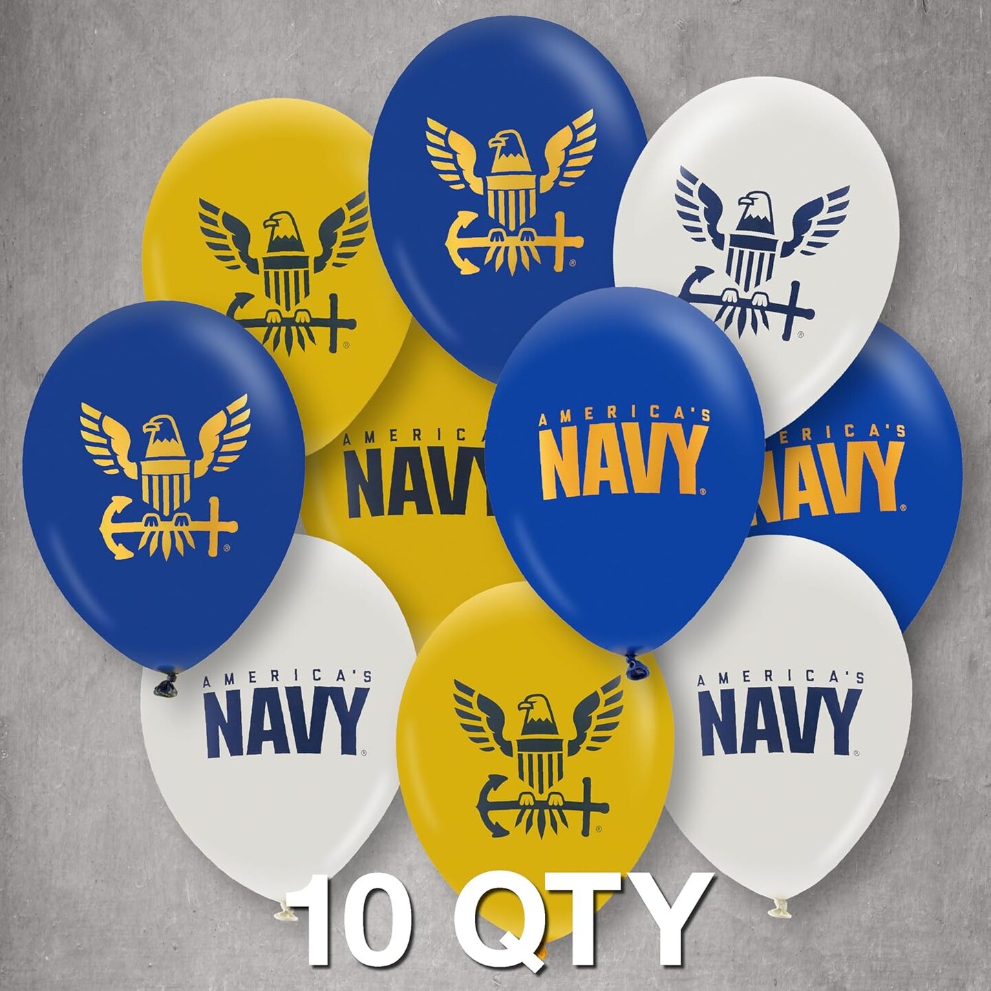 U.S. Navy Party Balloons (10 pcs)! 12” Latex balloons in Blue, White & Yellow with Striking Print on 2 sides