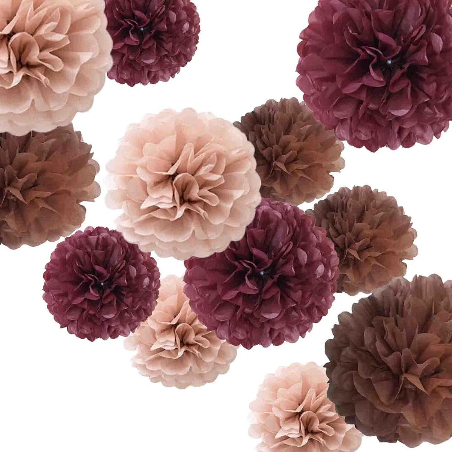Burgundy Brown Tissue Paper Pom Poms-12PC Tissue Paper Flowers-Wall Hanging Decorations for Bachelorette, Neutral,Bridal,Boho Birthday Decorations 8,10,12in