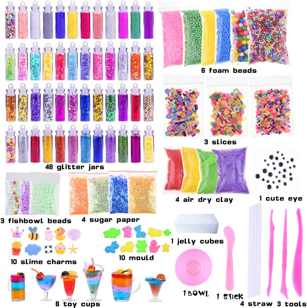 Slime Supplies Kit, 135 Pack Slime Making Kit 30 Crystal Slime, Glitter Jars, Charms, Sugar Paper, Foam Beads, Fishbowl Beads, Toy Cups, Slices, Air Dry Clay and Tools for Kids Girls