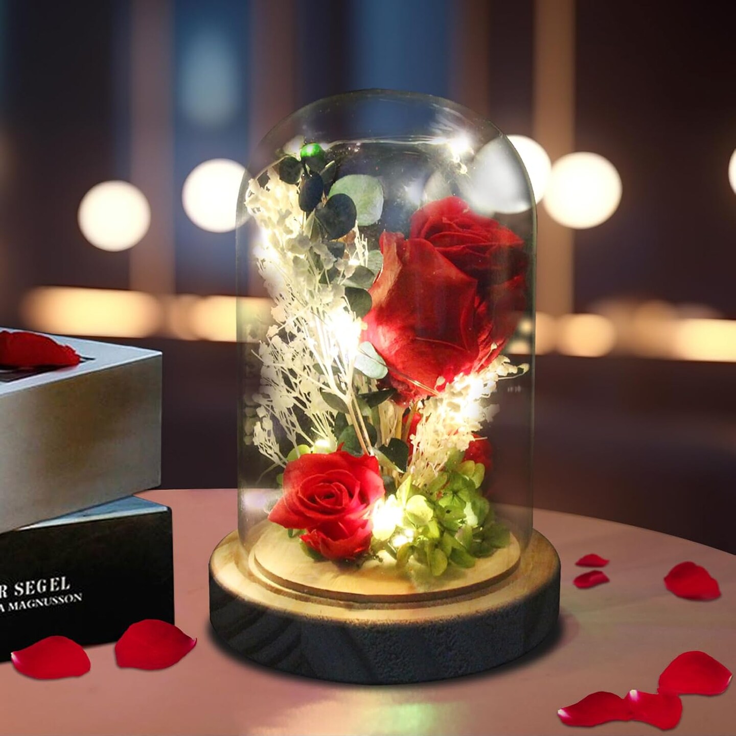 Preserved Rose Glass Jar Dome, Eternal Rose Glass Ball&#xFF0C;Real Flowers&#xFF0C;Entwined with LED Lights &#x26; Wooden Base&#xFF0C;The Best Gift for Graduation&#xFF0C;Mother&#x27;s Day, Wedding&#xFF0C;Birthday Gift