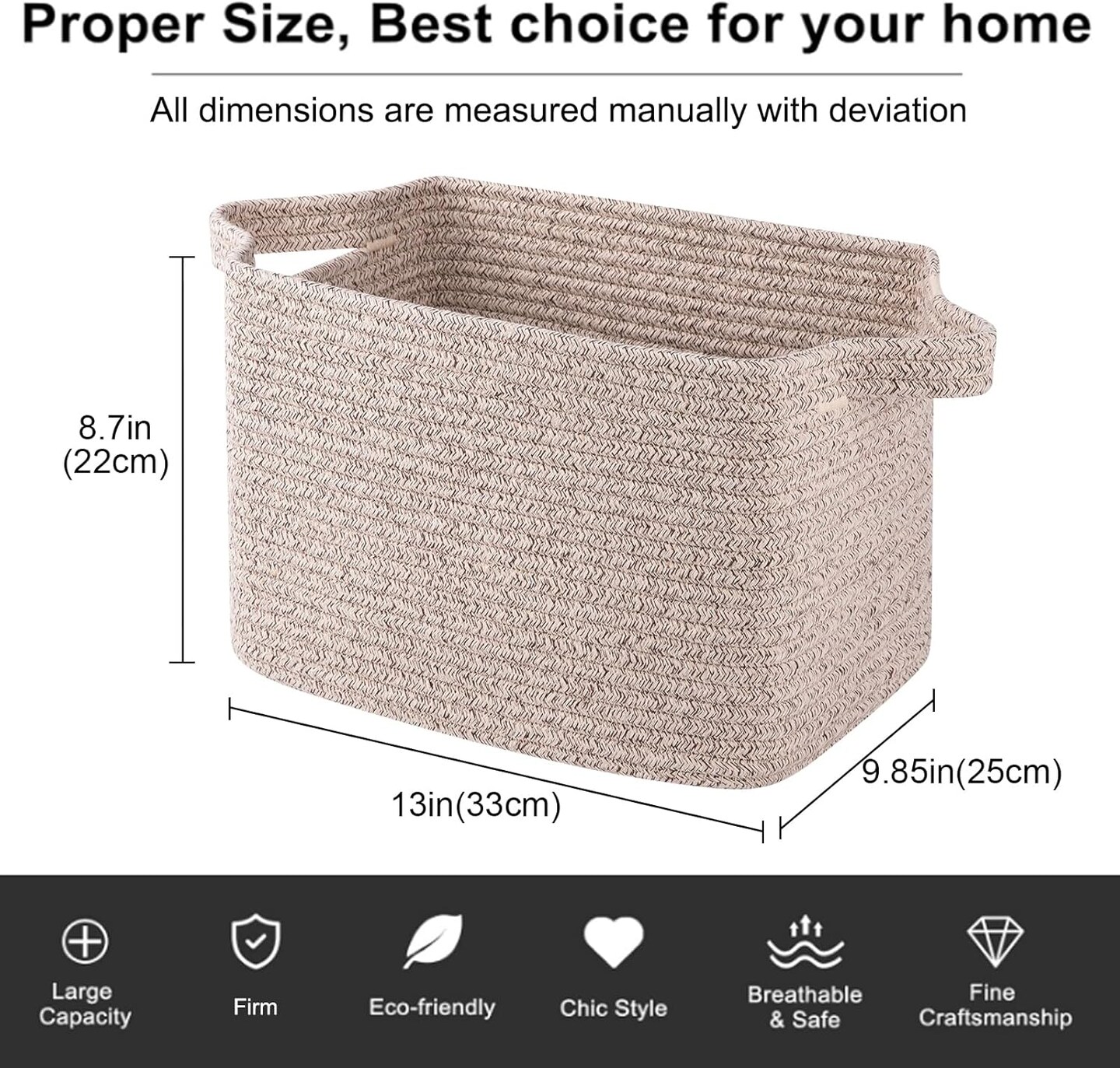 Summer baskets Cotton Rope Woven Storage Baskets for Shelves, Rectangle Storage Bins with Handles, Towel Basket - 13"×9.85"×8.7", Brown