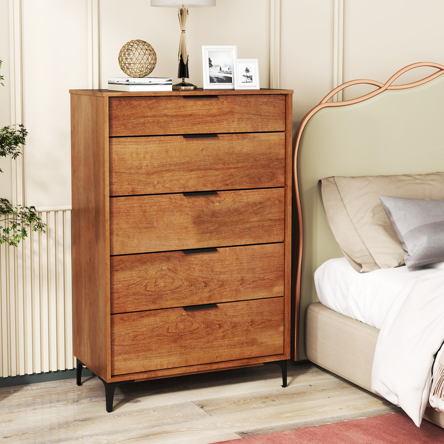 Cherry MDF 5 Drawer Dresser with Metal Legs and Anti Tipping Kit