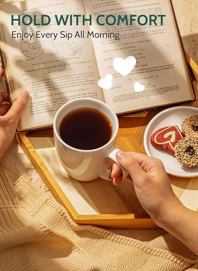 Porcelain Mugs - 12 Ounce for Coffee, Tea, Mocha and Mulled Drinks - Set of 6, White