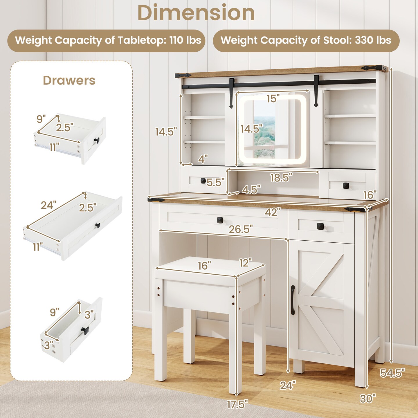 Makeup Vanity Desk with Mirror and 3-Color Dimmable LED Lights-White