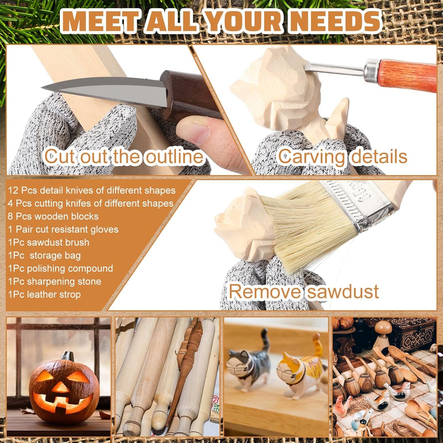 30 Pcs Wood Carving Tools Whittling Kit Include Hand Carving Knife Set Wood Blocks Cut Resistant Gloves Sawdust Brush Sharpening Stone Polishing Wax Sharpening Leather Storage Bag for Beginners
