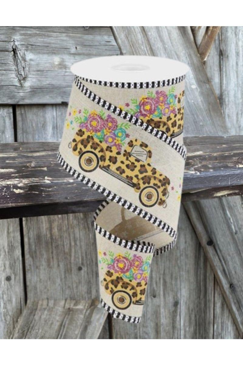 2.5&#x22; Leopard Truck Flower Stripe Ribbon: Natural (10 Yards)