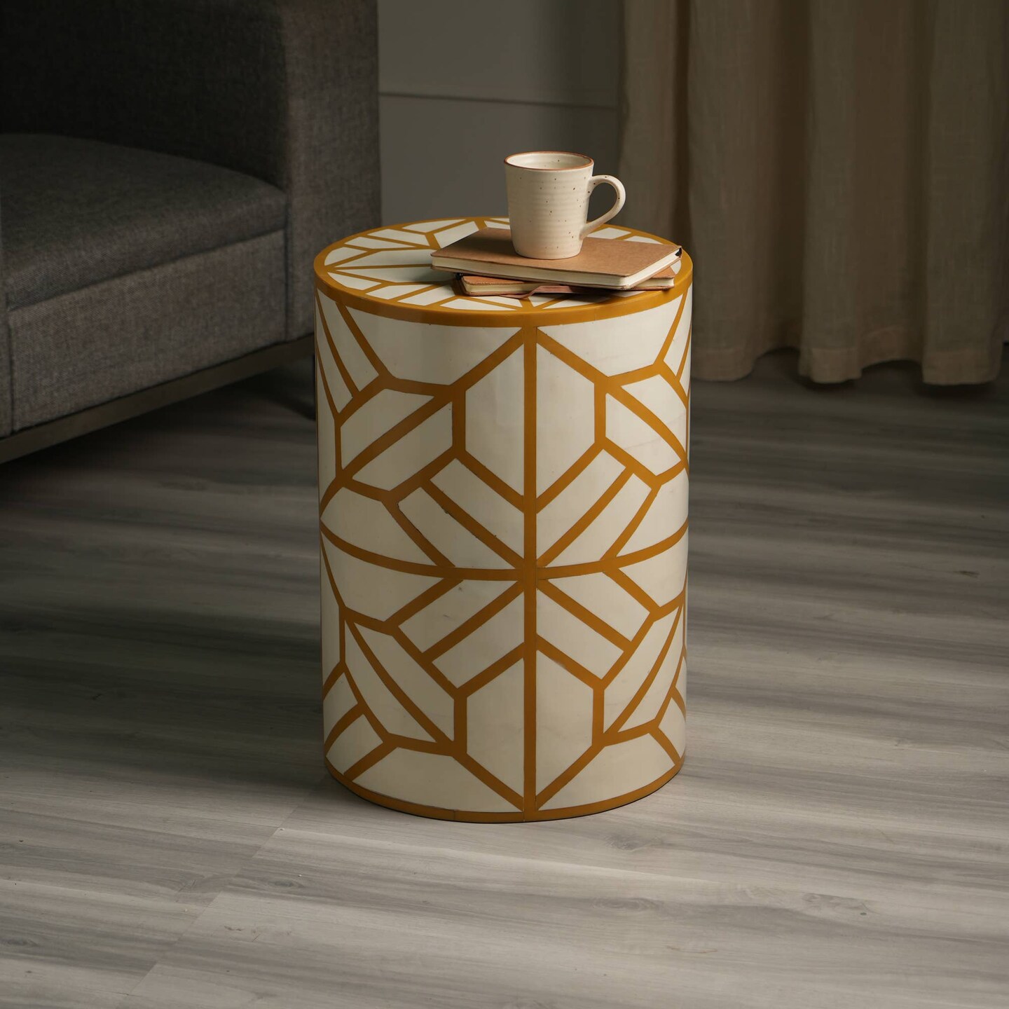 Mustard & White MDF Resin Side Table with Semi-Gloss Finish | 15"x15"x21"
