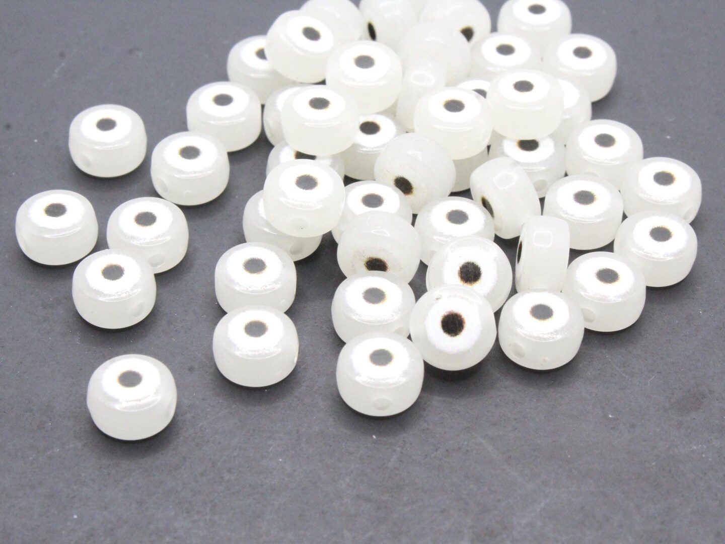 50 7mm Glow in the Dark Black and White Evil Eye Small Smooth Flat Round Disc Plastic Beads