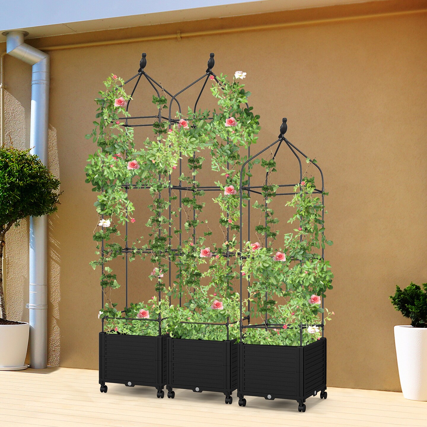 Black Metal Raised Planter Box with Trellis Wheels and Self Watering System