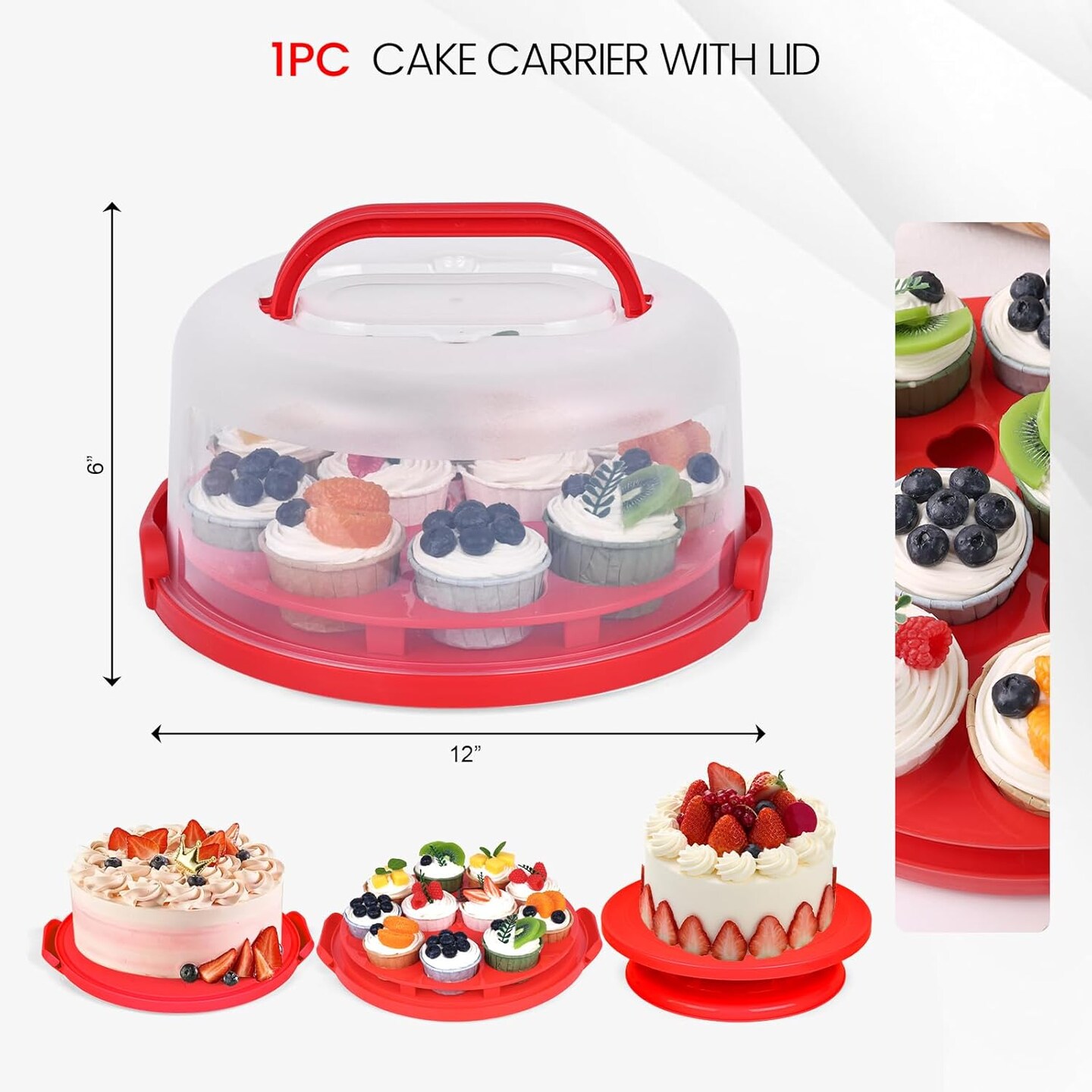 Cake Carrier with Lid and Handle, 12x6 Inch Red Cake Holder Cupcake Container for 11 Cupcakes 2 in 1 Portable Dessert Container for Cake Pie Muffin Cobbler