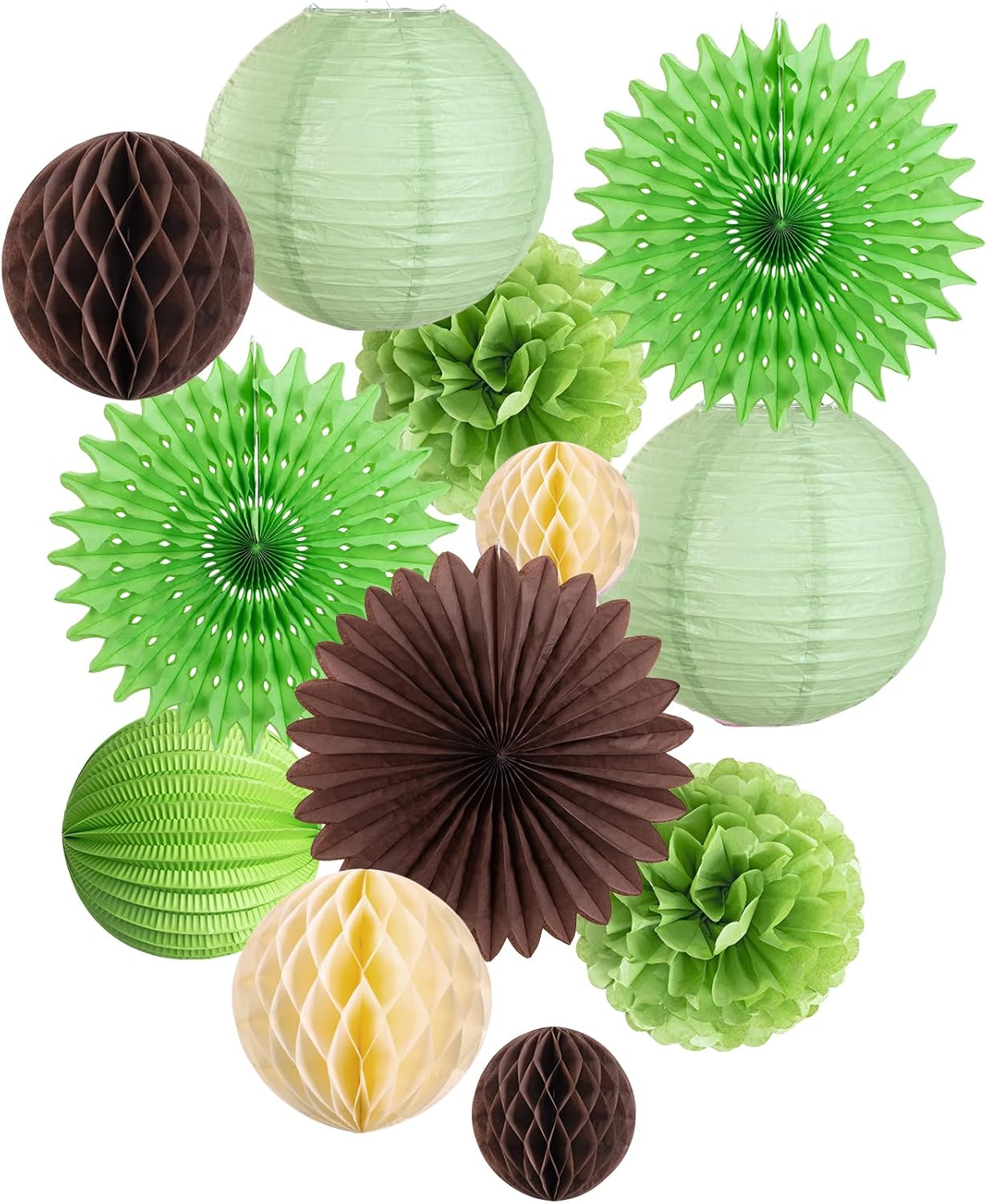12Pcs Green and Brown Party Decorations Paper Tissue Pom Poms Honeycomb Balls Paper Fans Hanging Deco Green Lanterns for Jungle Safari Summer Birthday Wedding Party