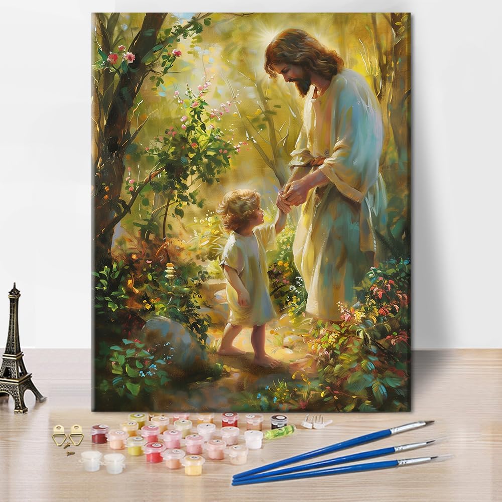Jesus Paint by Numbers for Adult, Paint by Number Prayer Forest, Paint-by-Number Kits DIY Painting Kits On Canvas Religious Spirit Paint by Number for Adults,Frameless 16 x20 Inch