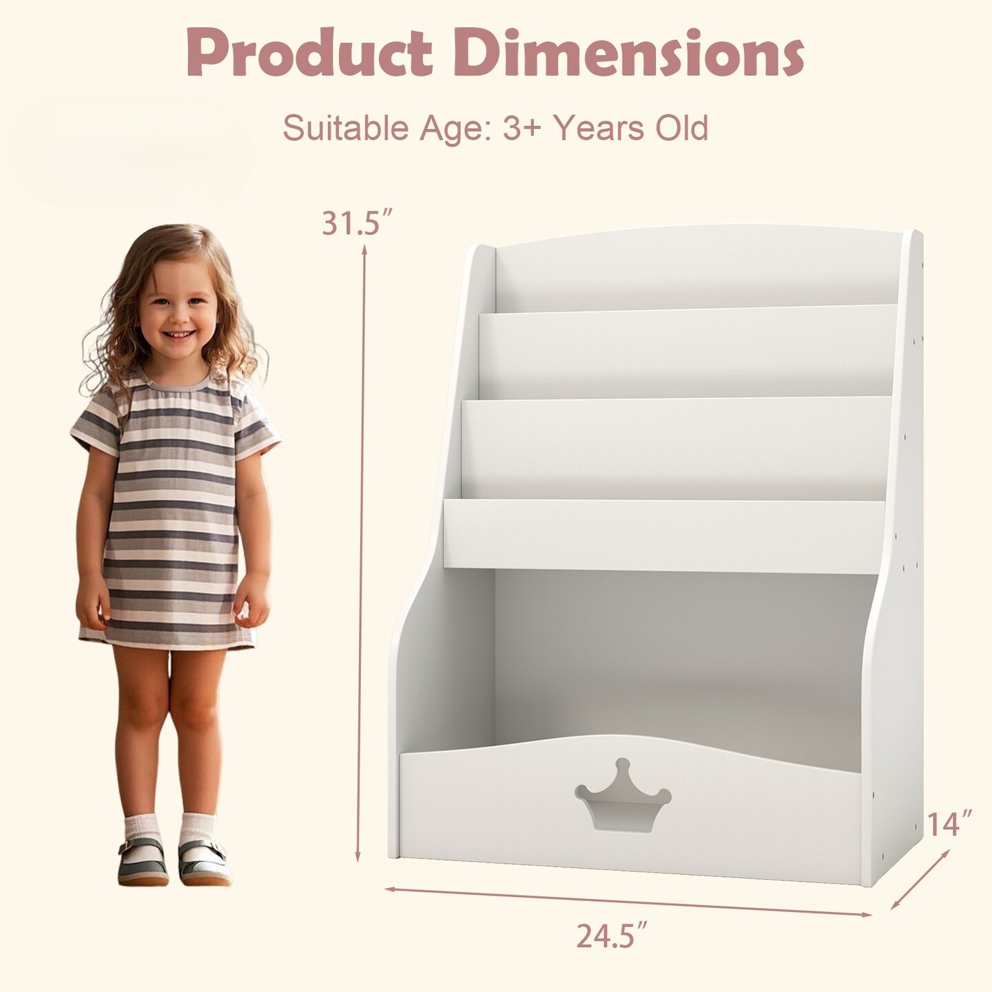 White MDF Kids Bookshelf with 4-Tier Storage, Hidden Compartment and Safety Features