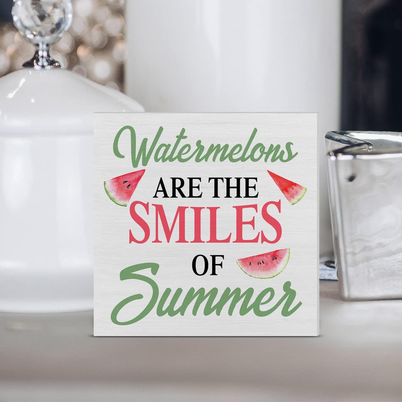 Summer Tabletop Decor Watermelon Summer Wood Box Sign Art Blocks Desk Decor Tabletop Wall Home Kitchen Decoration 5 X 5 Inch