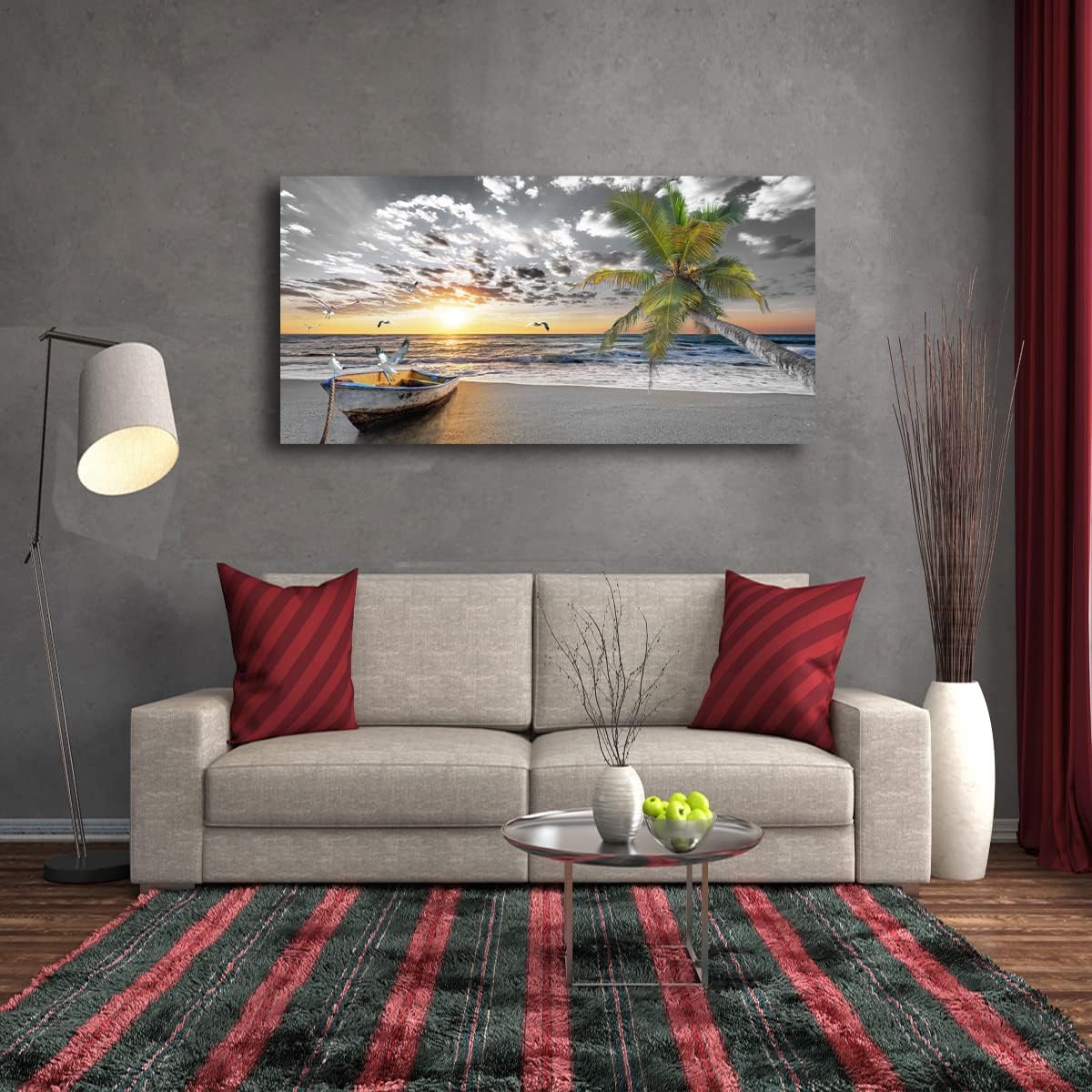 Black & White Beach Canvas Wall Art – Palms, Boat & Sunset Seascape for Living Room, Bedroom, Office Decor