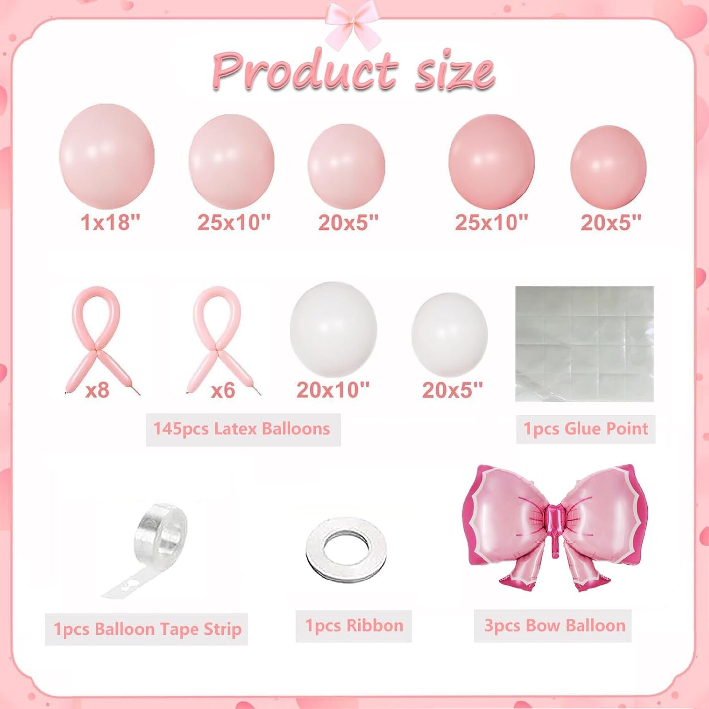 148 Pcs Pink Balloon Arch Kit Pink and White Balloon Garland Pink Bow Long Balloons