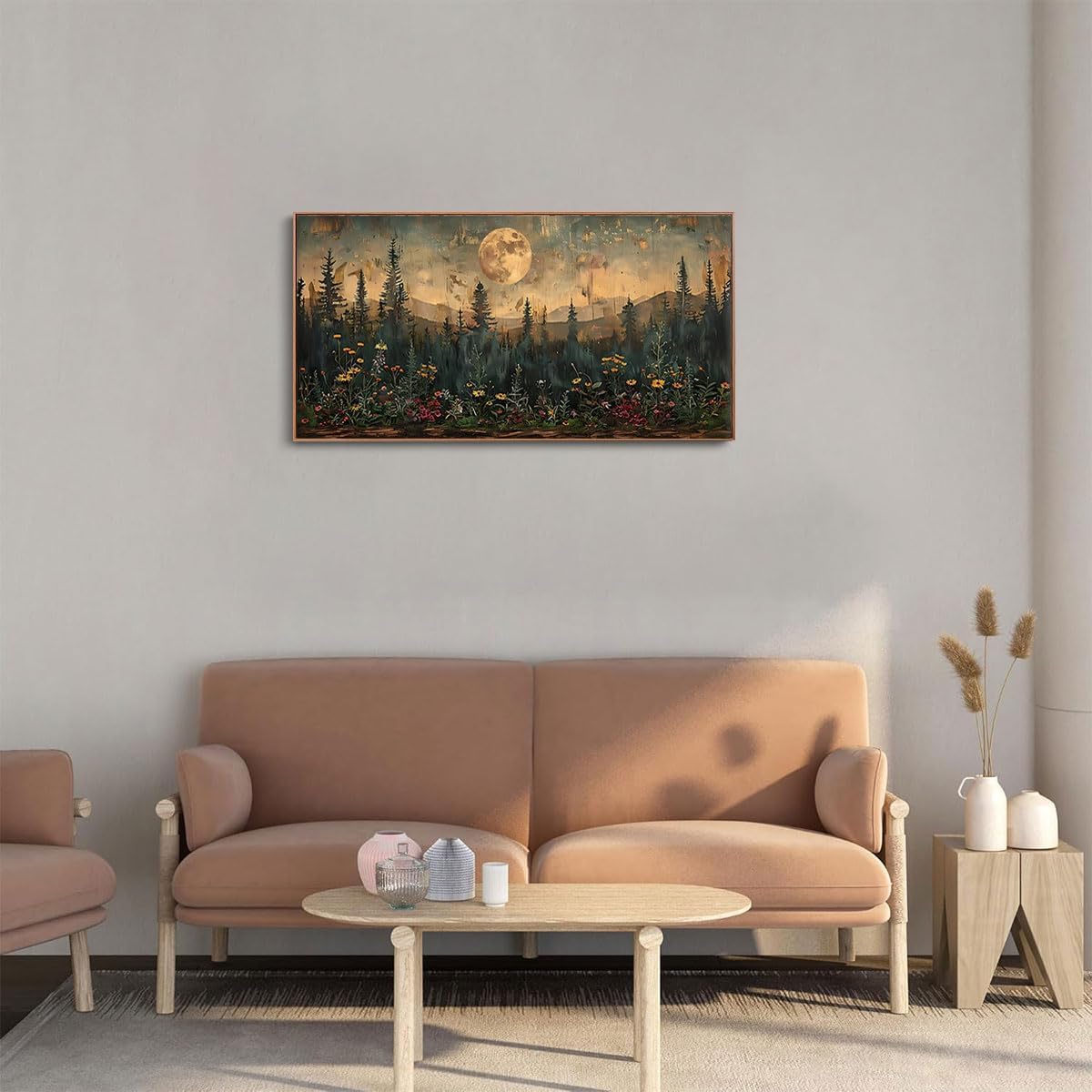 Moon Wall Art Vintage Wildflower Woodland Canvas Painting Print Framed Mountain Flowers Trees Picture Decor Dark Forest Landscape Rustic Farmhouse Living Room Bedroom Office 20&#x22;x40&#x22;