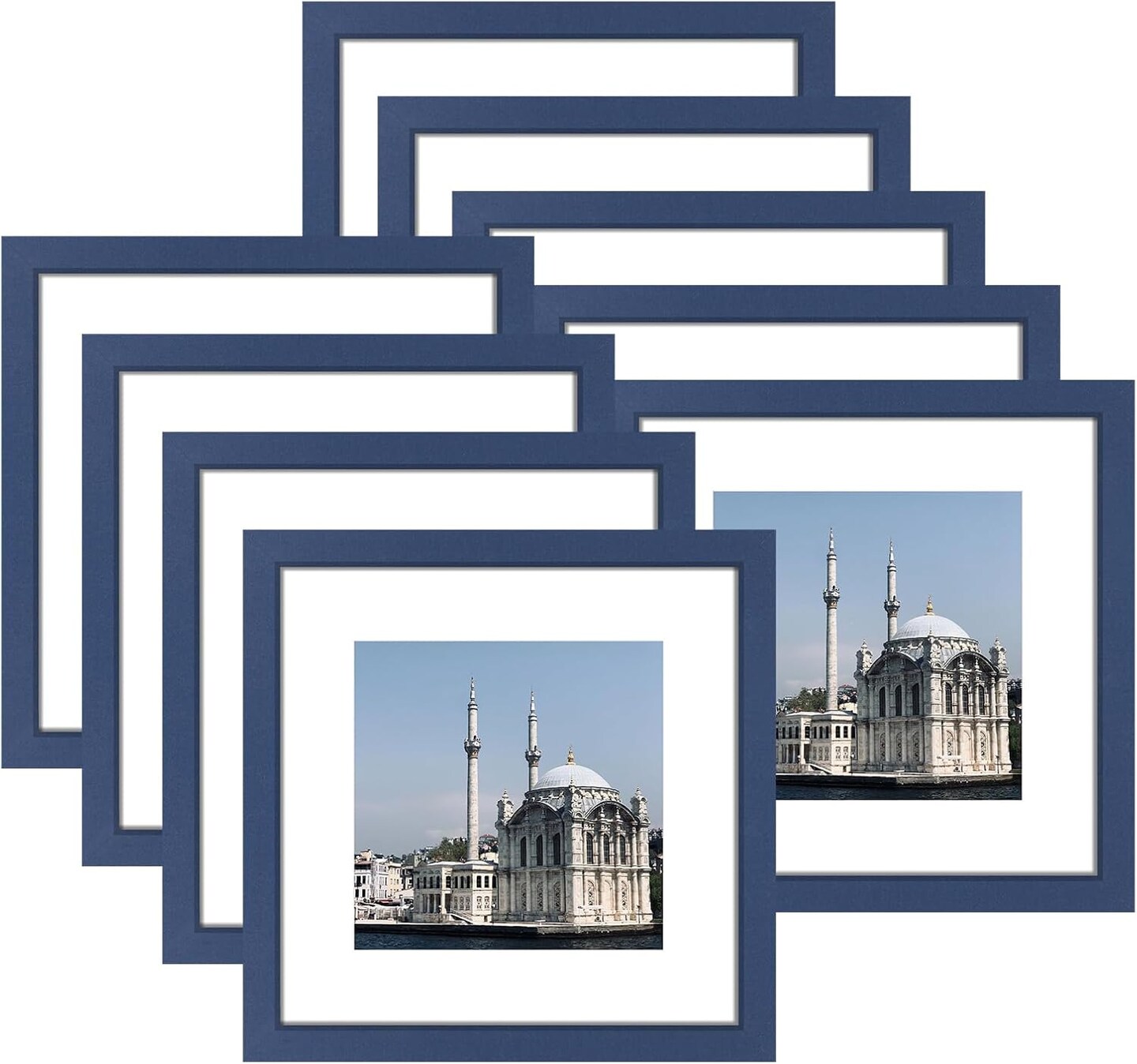 12x12 Picture Frame Set of 9, Photo Gallery Wall Frame Set, Display Pictures 8x8 with Mat or 12 x 12 Without Mat, Square Frame Picture Frames Collage Wall Decor, Blue