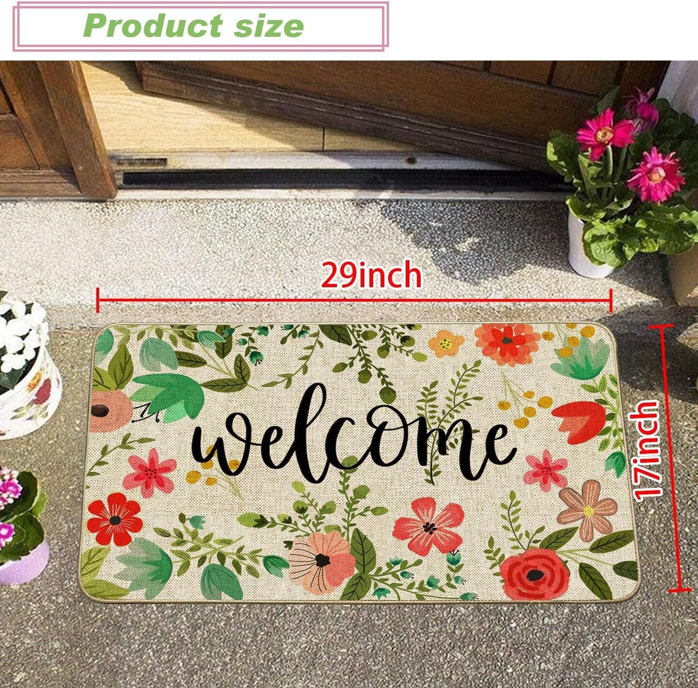 Spring Summer Floral Doormat Rug Boho Flower Leaf Welcome Outdoor Outside Doormat Mat Non Slip Rubber Backing Entrance Seasonal Indoor Front Kitchen Decoration 17 x 29 Inch