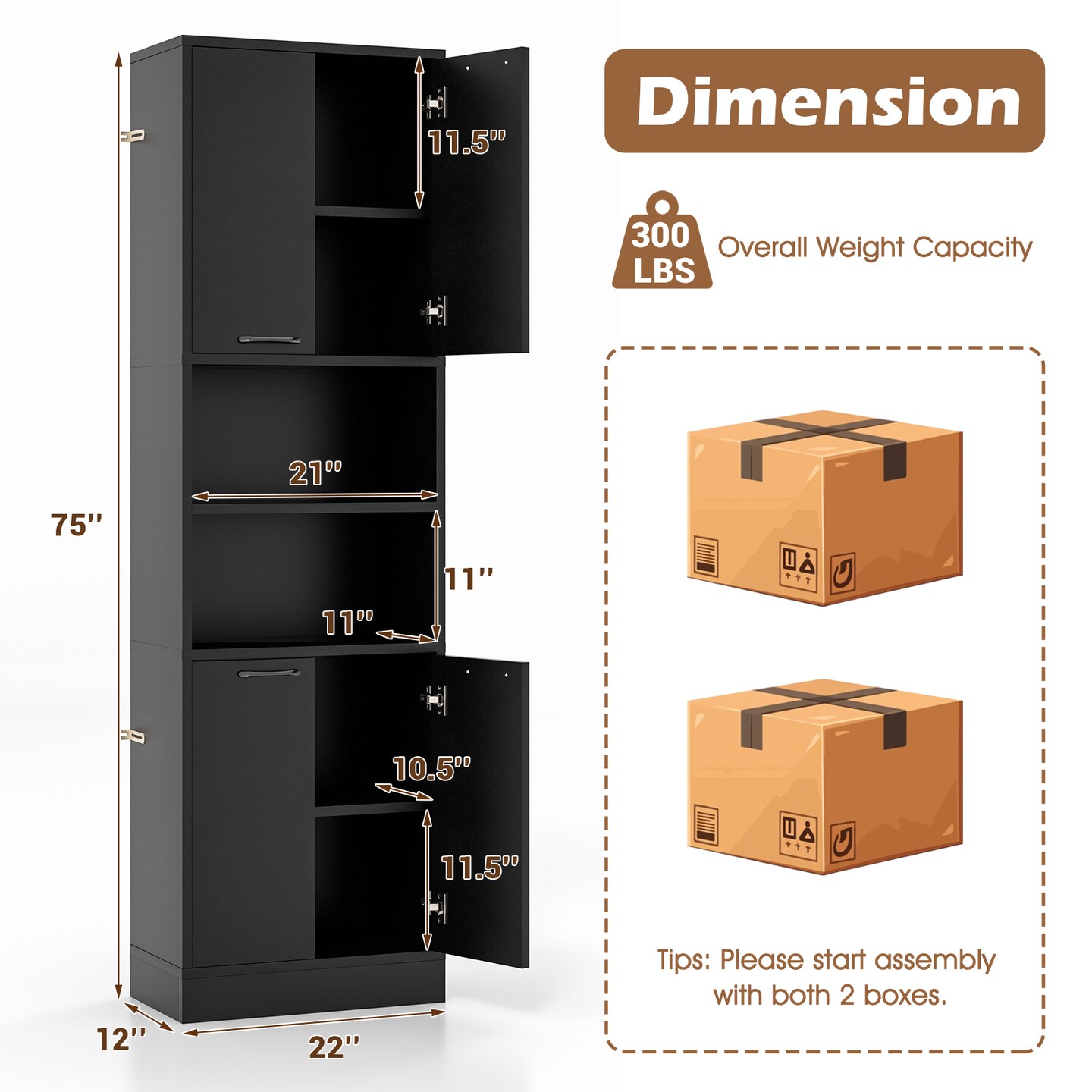 Black Engineered Wood MDF Metal Kitchen Pantry Cabinet with Storage Shelves