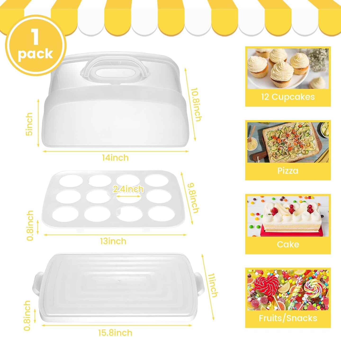 Cake Carrier with Lid, White Cake Holder Cupcake Container for 12 Cupcakes 2 in 1 Portable Dessert Container for Cake Pie Muffin Cobbler