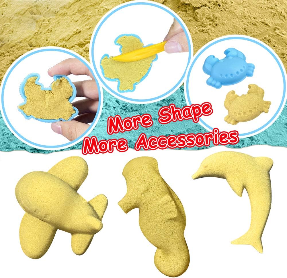 Summer Play Construction Sand Kit - 3lbs Sand with 2 Colors, 6 Mini Construction Trucks, Construction Toys and Signs, Animal Mold, Modeling Tools, Foldable Sandbox, Gifts for Boys Girls