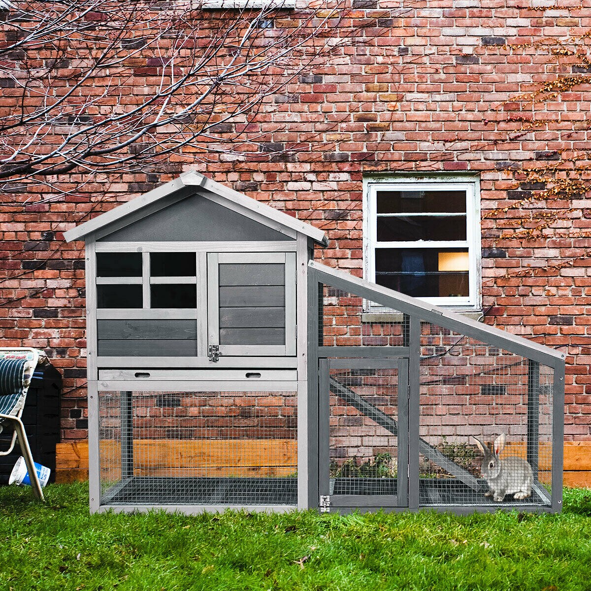 56.5 Inch Grey Wooden Rabbit House with Pull out Tray and Ramp Ideal for Small Animals