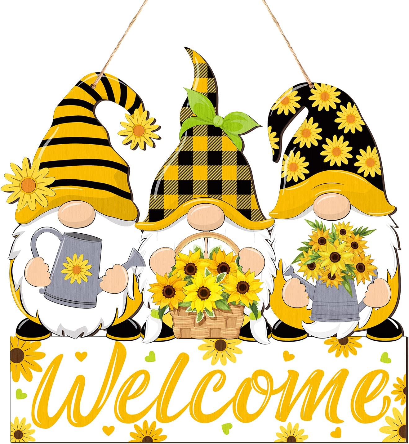 Sunflower Gnomes Welcome Sign Summer Welcome Hanging Decorations Wreath Wooden Hanging Door Sign with Ropes for Porch Front Door Decor Wedding Dinner Home Garden Kitchen Decor