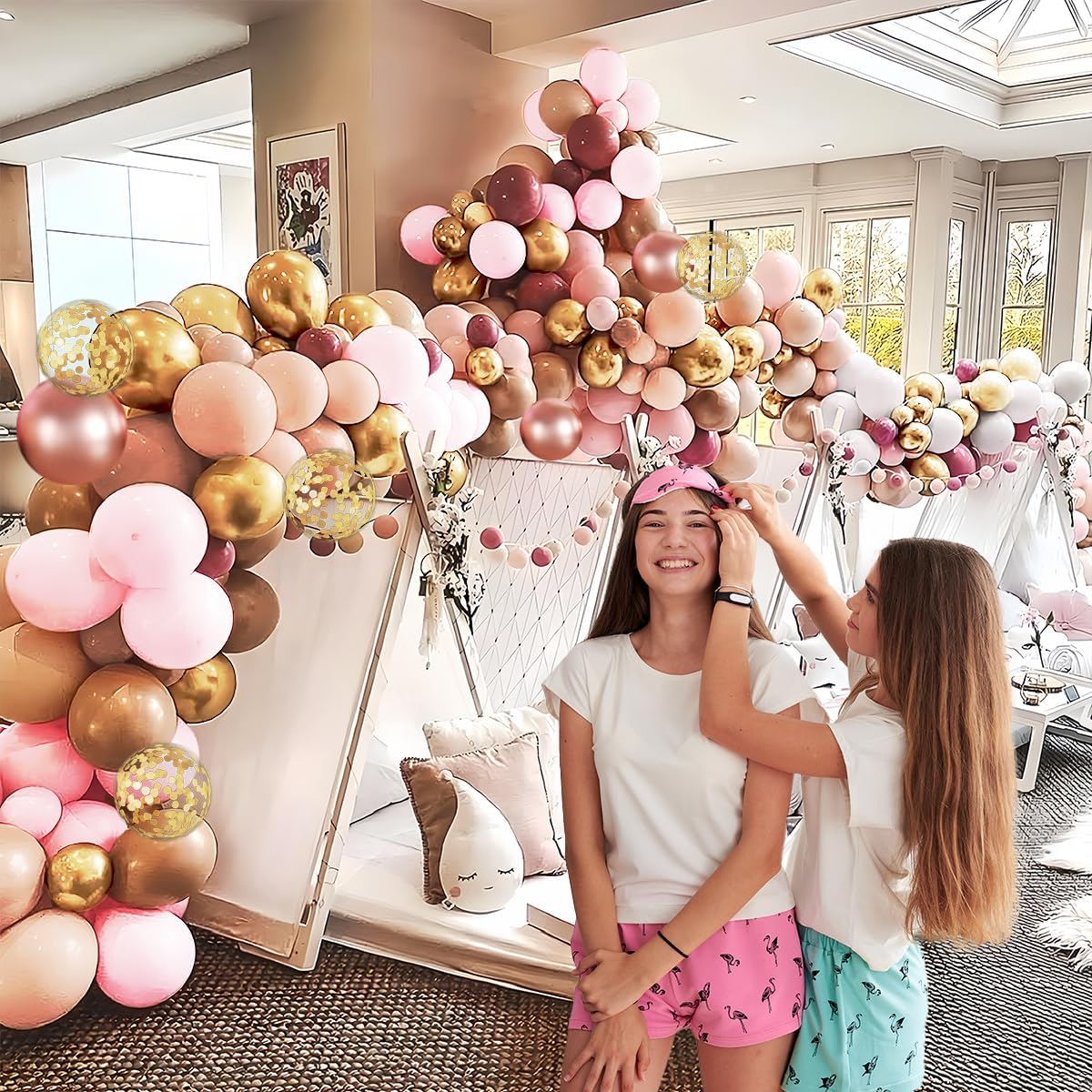 Rose Gold Balloon Kit, 147Pcs Metallic Gold White Pastel Nude Pink and Rose Gold Balloons Garland with Confetti
