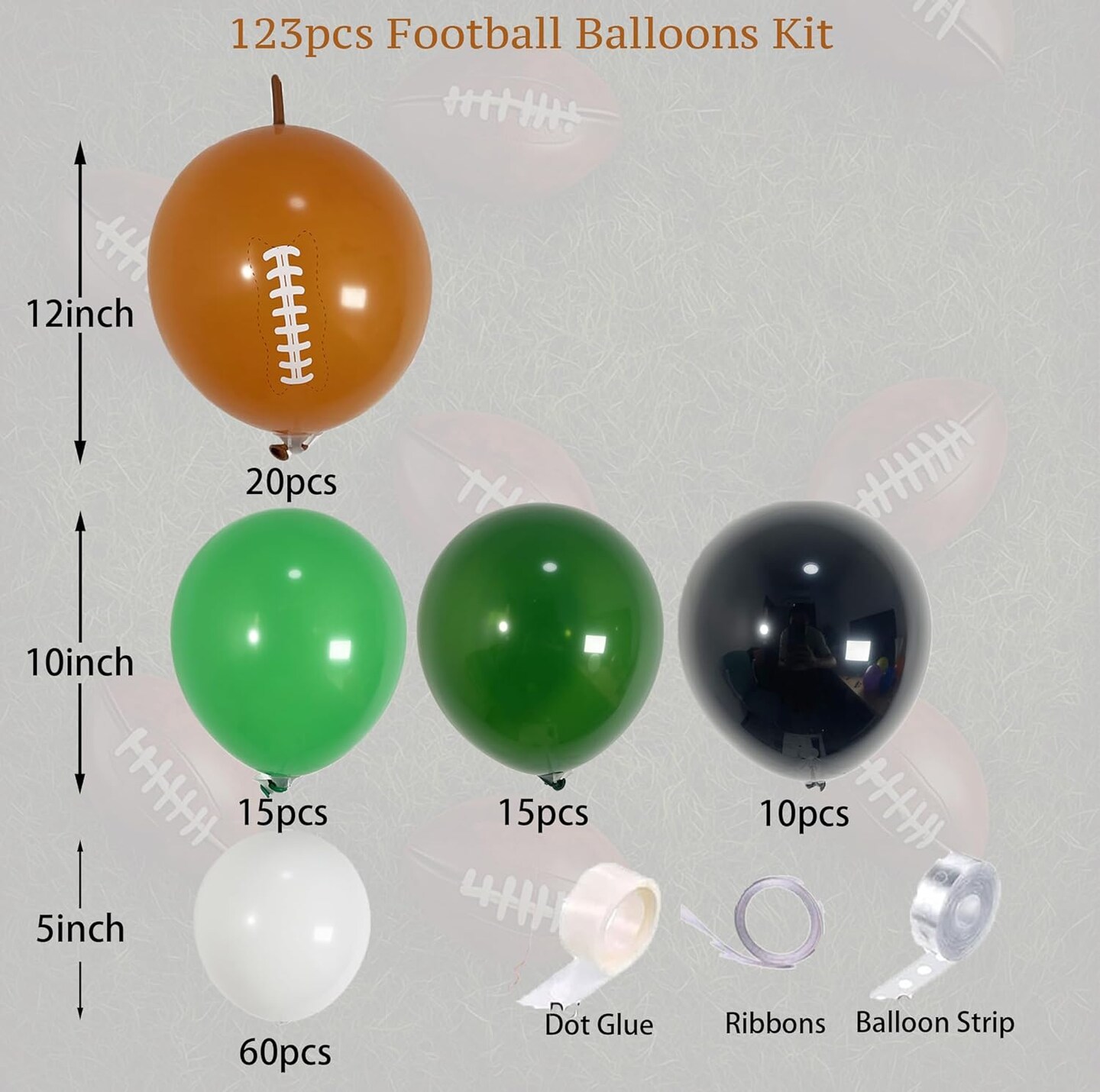 123PCS Football Balloon Arch Garland Kit, Green, Black, White and Brown Balloons with Rugby Print for Superbowl Balloon Arch, 1st Down Football Birthday, Sports Theme Party Decorations