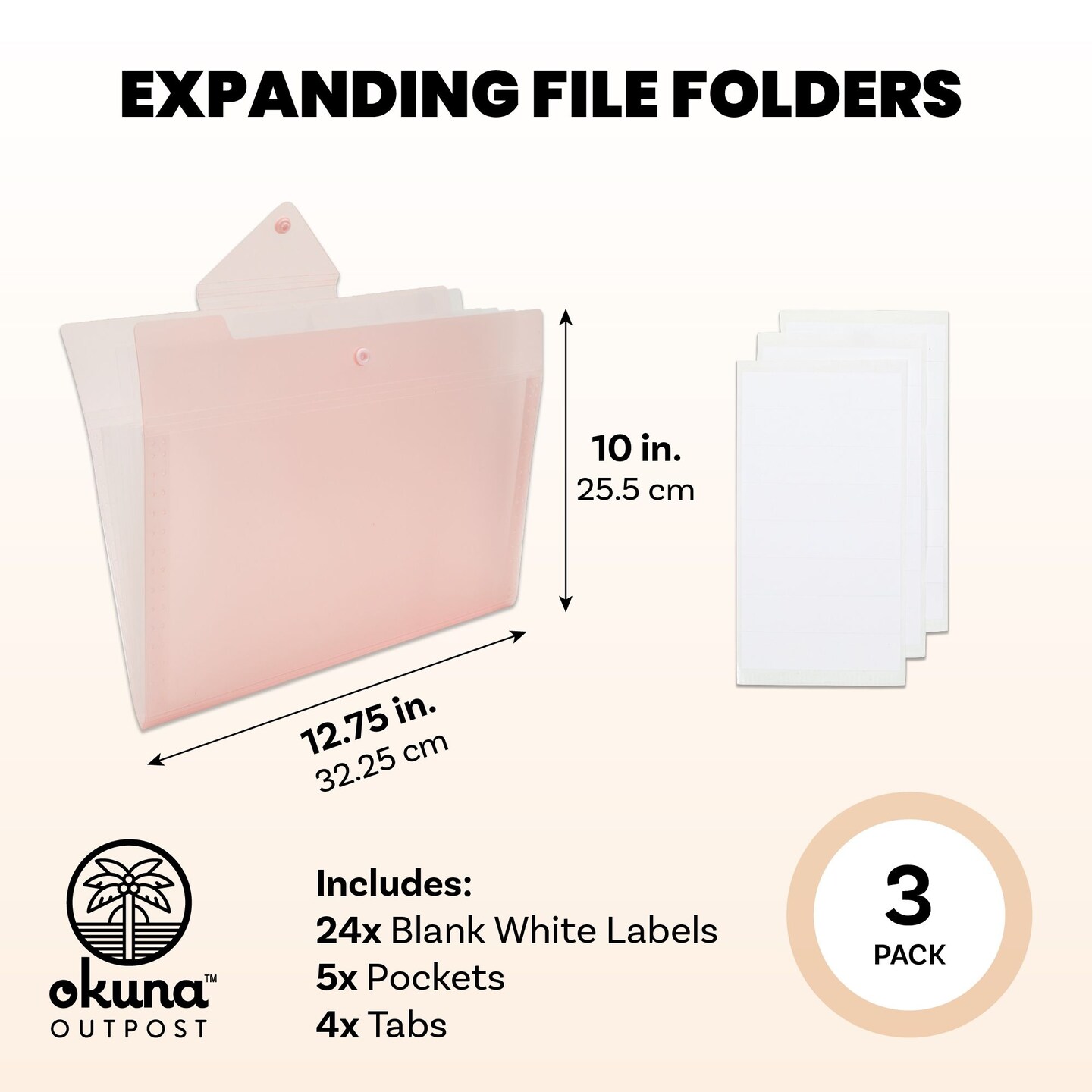 3 Pack Expanding File Folder, Pocket Document Organizer with Snap Closure and Labels (Letter Size, Pink)