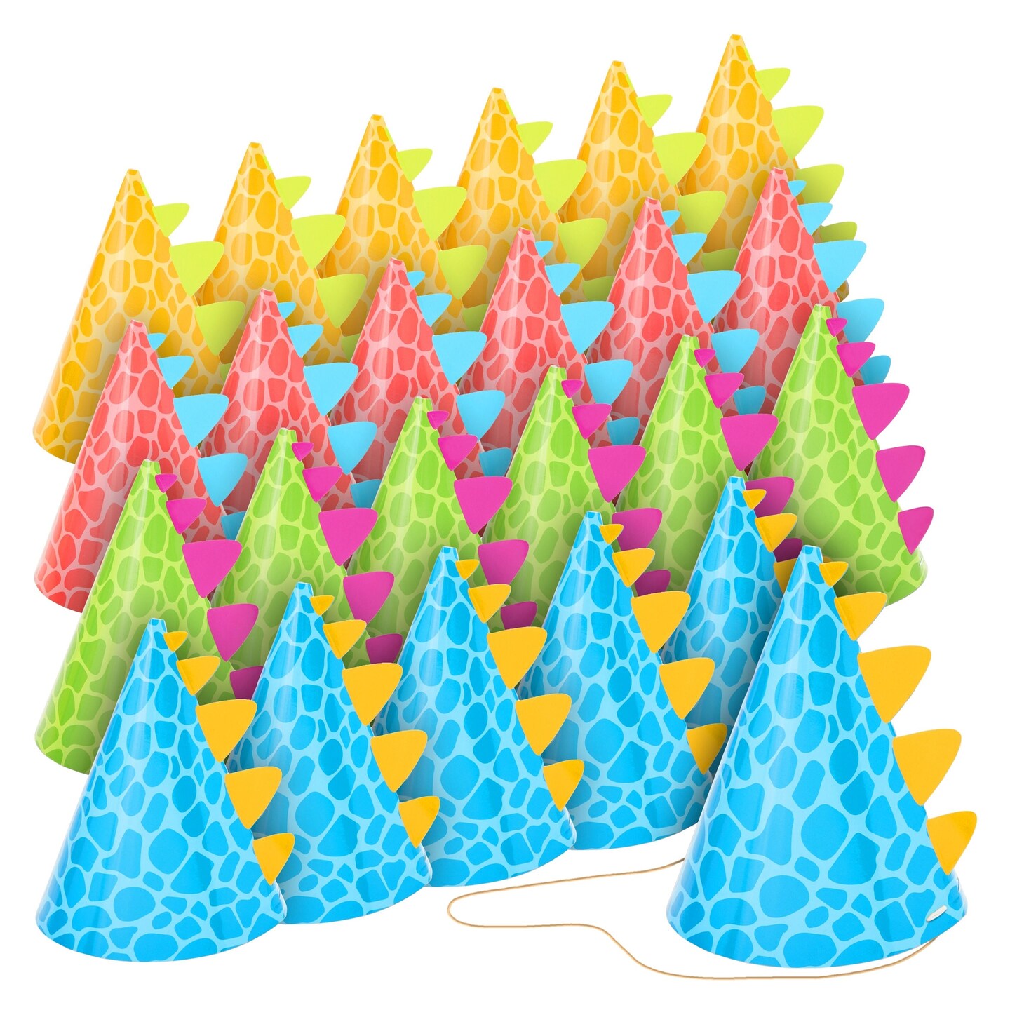 24 Pack Dinosaur Party Hats for Dino Party Supplies, T-Rex Theme Birthday, Baby Shower Decorations (4 Colors)