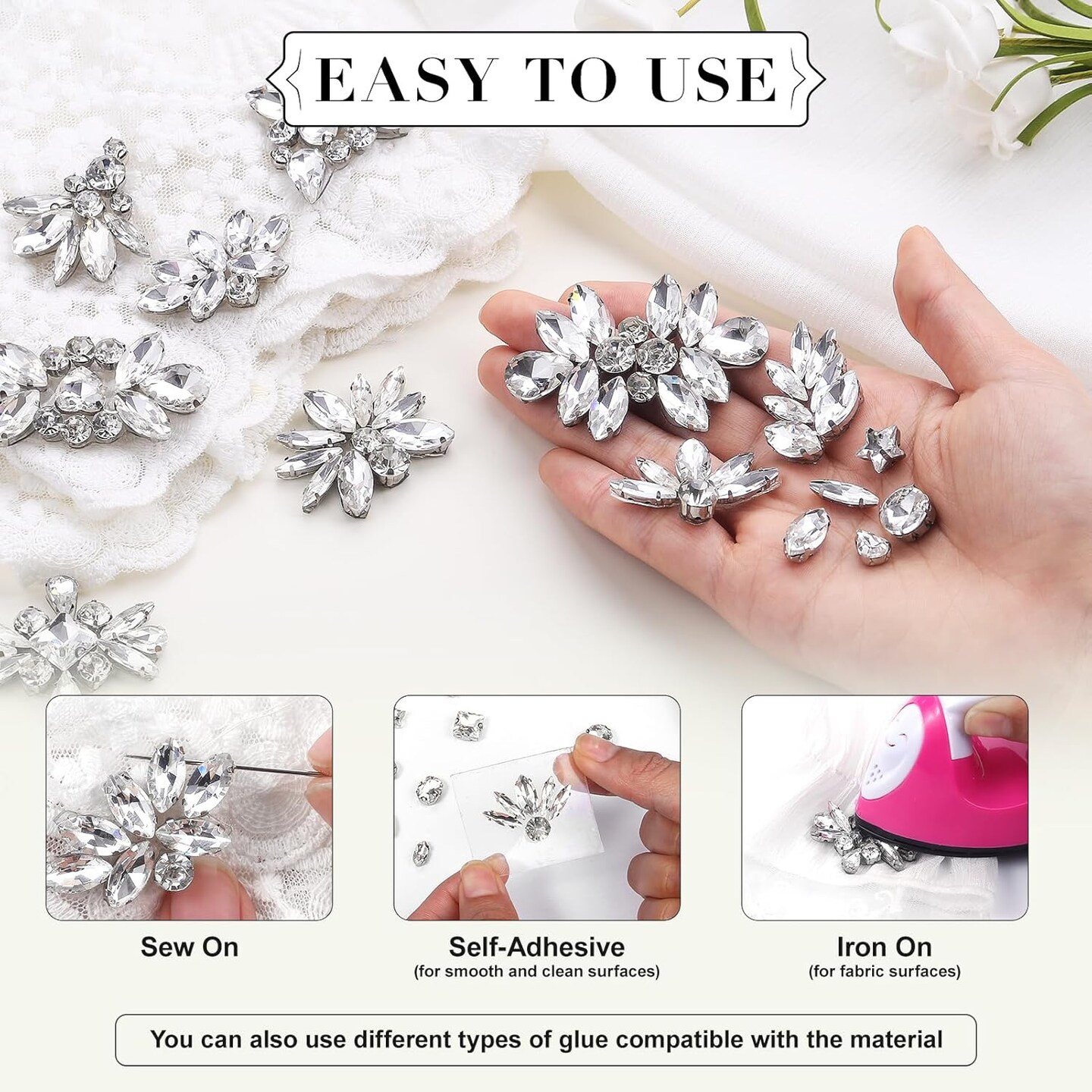 Sew on Rhinestones 205 PCS Glass Rhinestones Mixed Shapes Sew on Crystal Gems Flatback with Silver Claw for Jewelry Crafts Clothes Shoes Costume (Sliver Rhinestones)